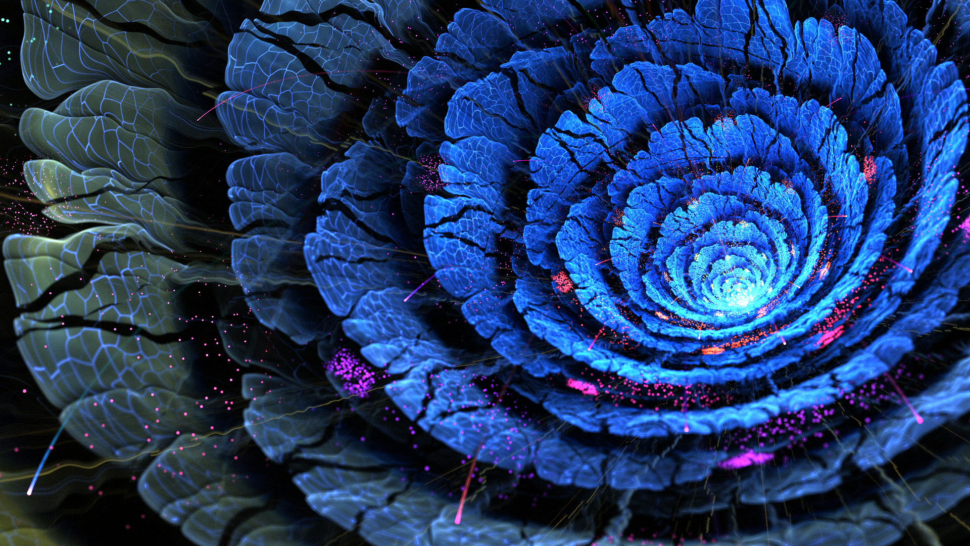 Digital Art Fractal Glowing Fractal Flowers Blue 1920x1080