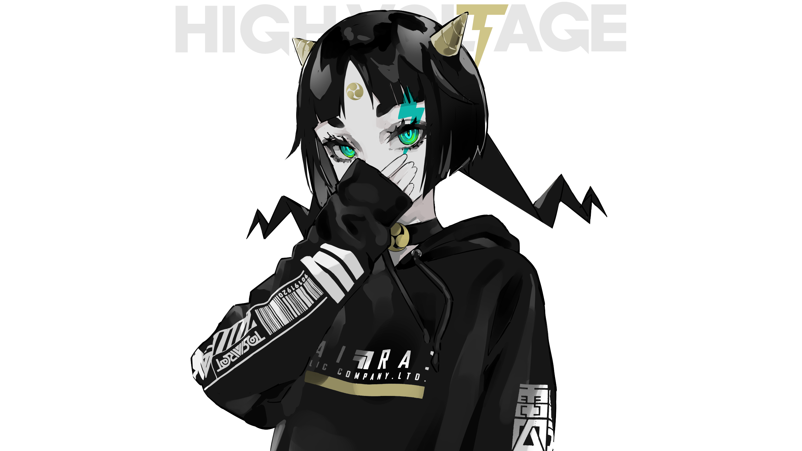 Anime Girls Original Characters Women Black Hair Looking At Viewer Green Eyes Horns Covered Face Nec 2667x1500