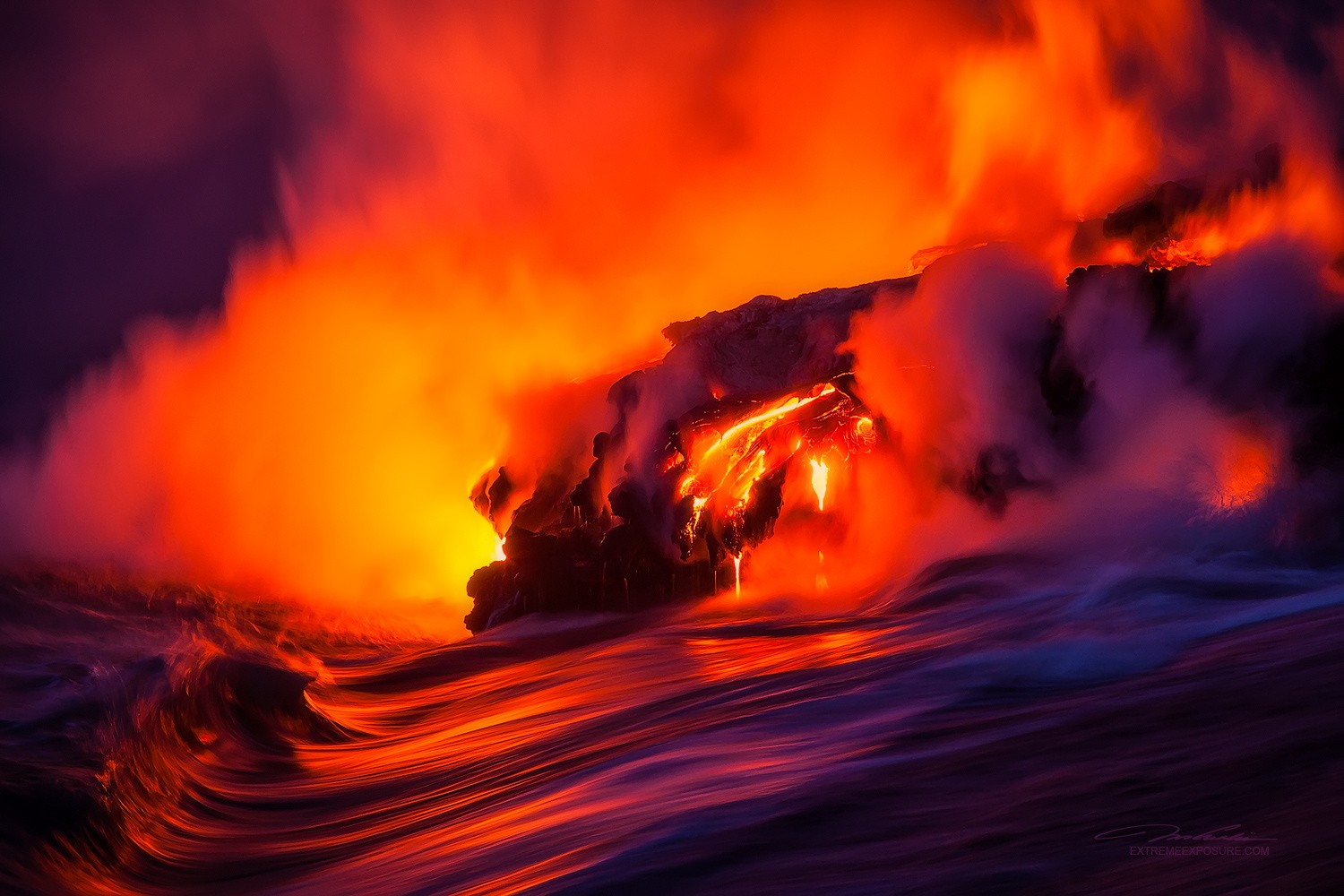 Volcanic Eruption Volcano Sea Water Colorful Smoke Tom Kualii Hawaii Nature Lava Island Rocks Red 1500x1000