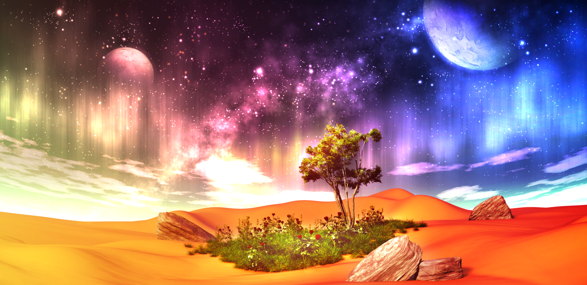 Original Anime Dessert Oasis Tree Aurora Borealis Colorful Fantasy Planet Rock 3D CGi Stars 2060x1000