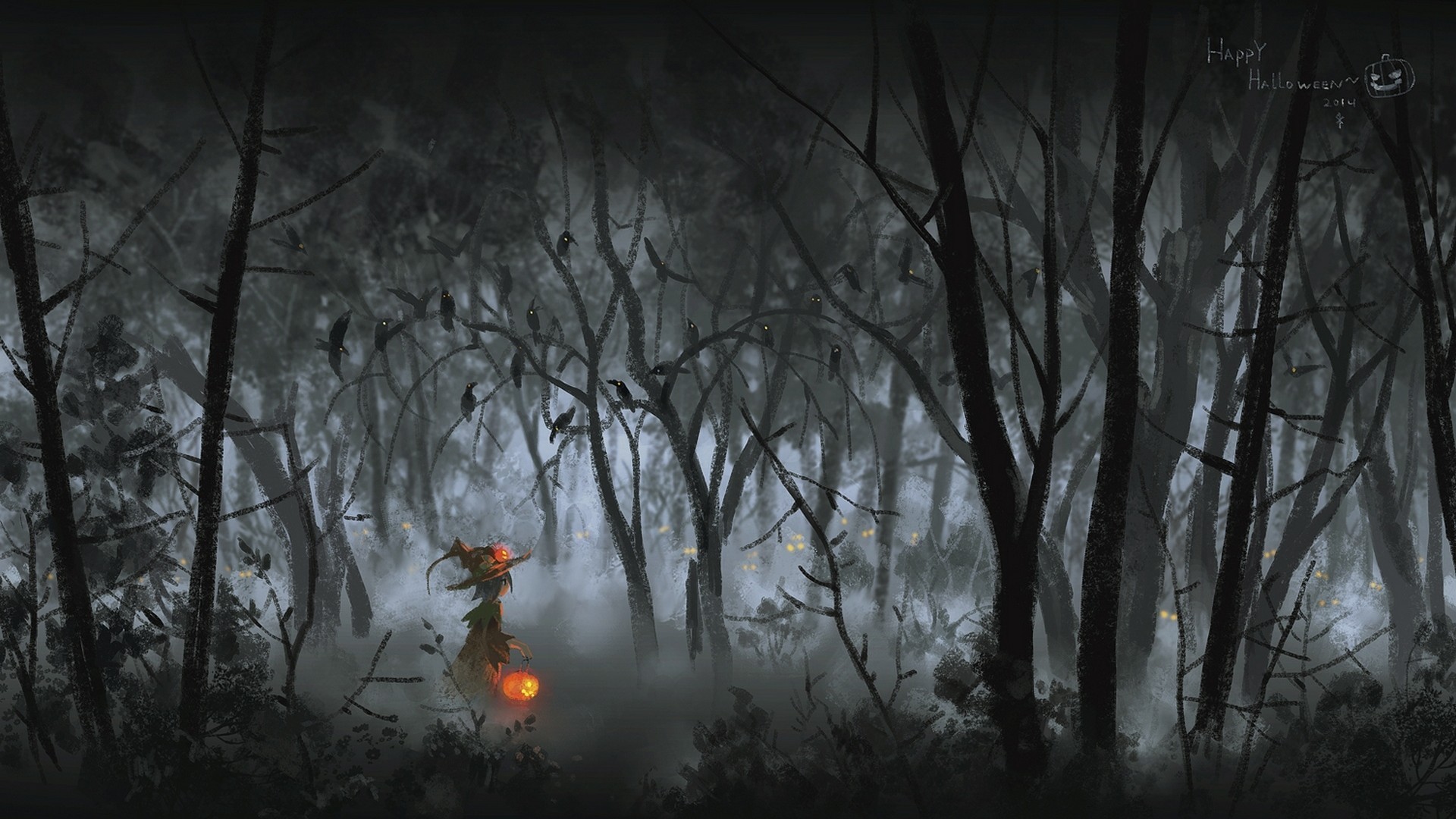 Artwork Fantasy Art Halloween Pumpkin Forest Jack O Lantern Dark Deep Forest 1920x1080
