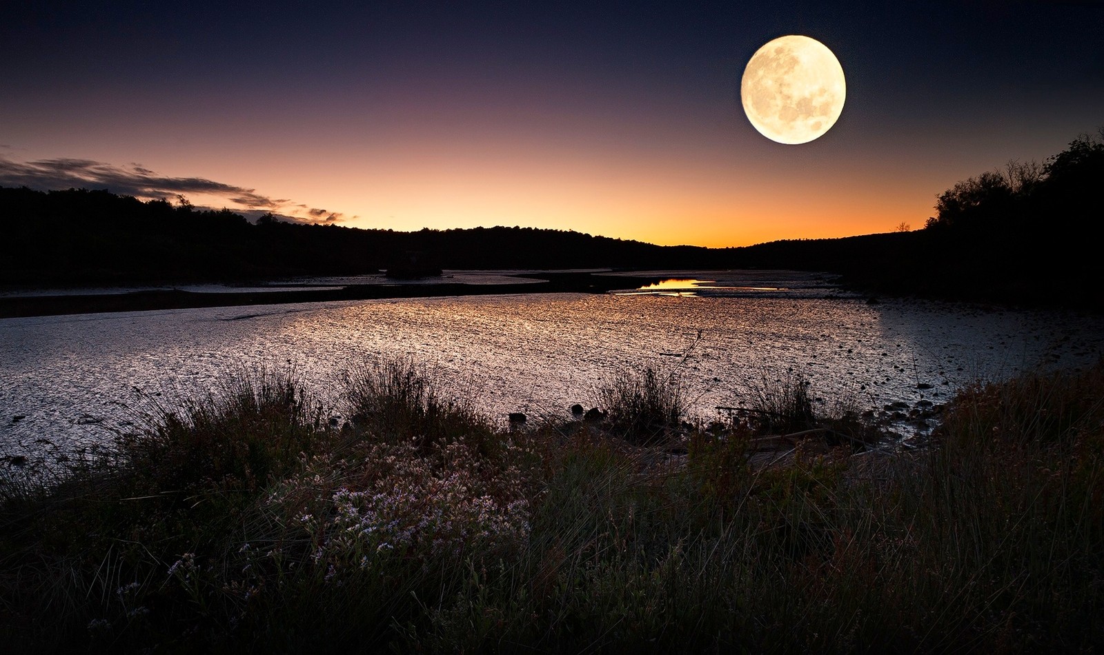 Landscape Nature Evening River Shrubs Wildflowers Hills Moon Moonlight 1600x950
