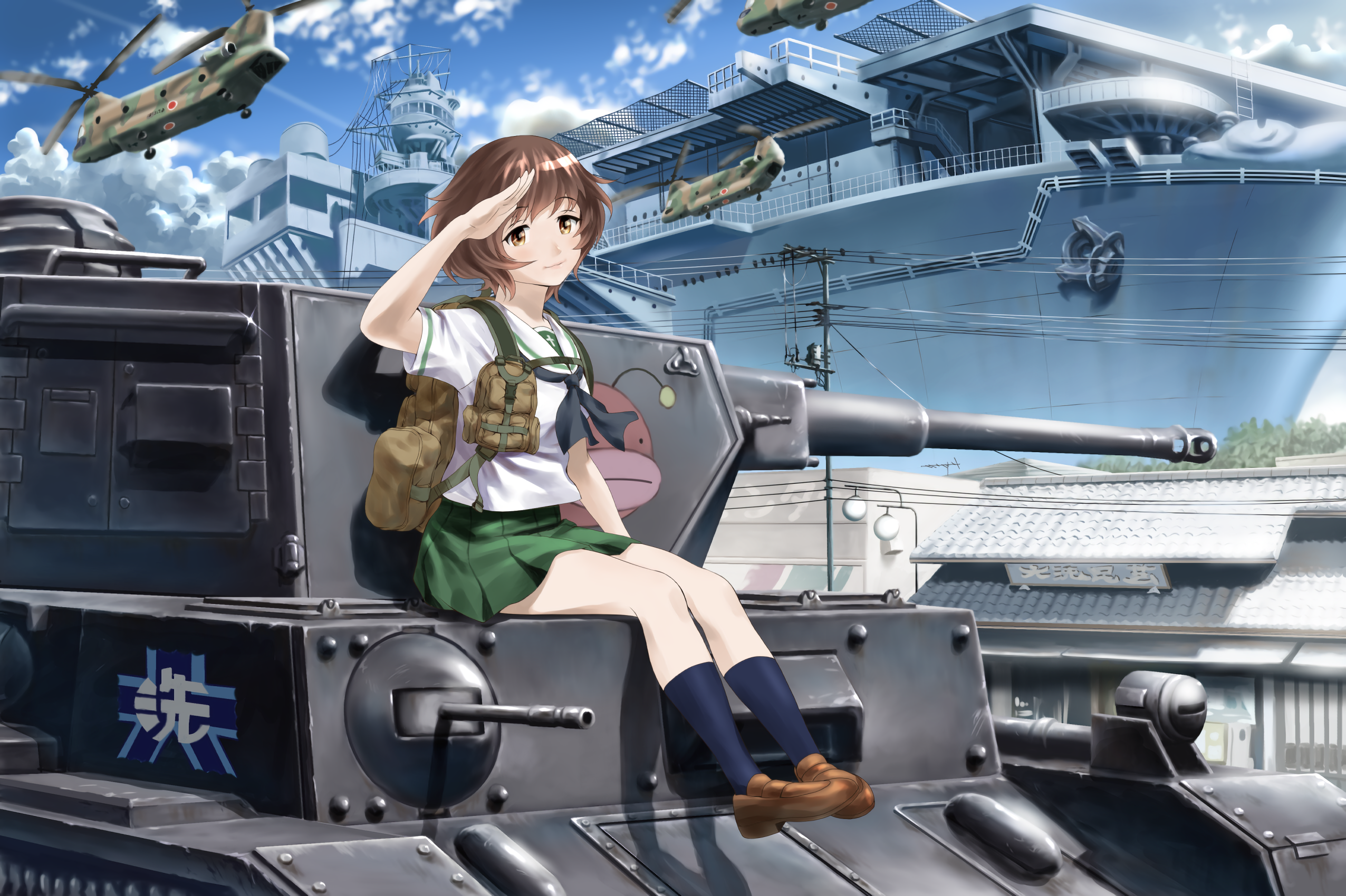 Anime Anime Girls Akiyama Yukari Tank Knee Highs Skirt Short Hair Brown Eyes Girls Und Panzer 2552x1700