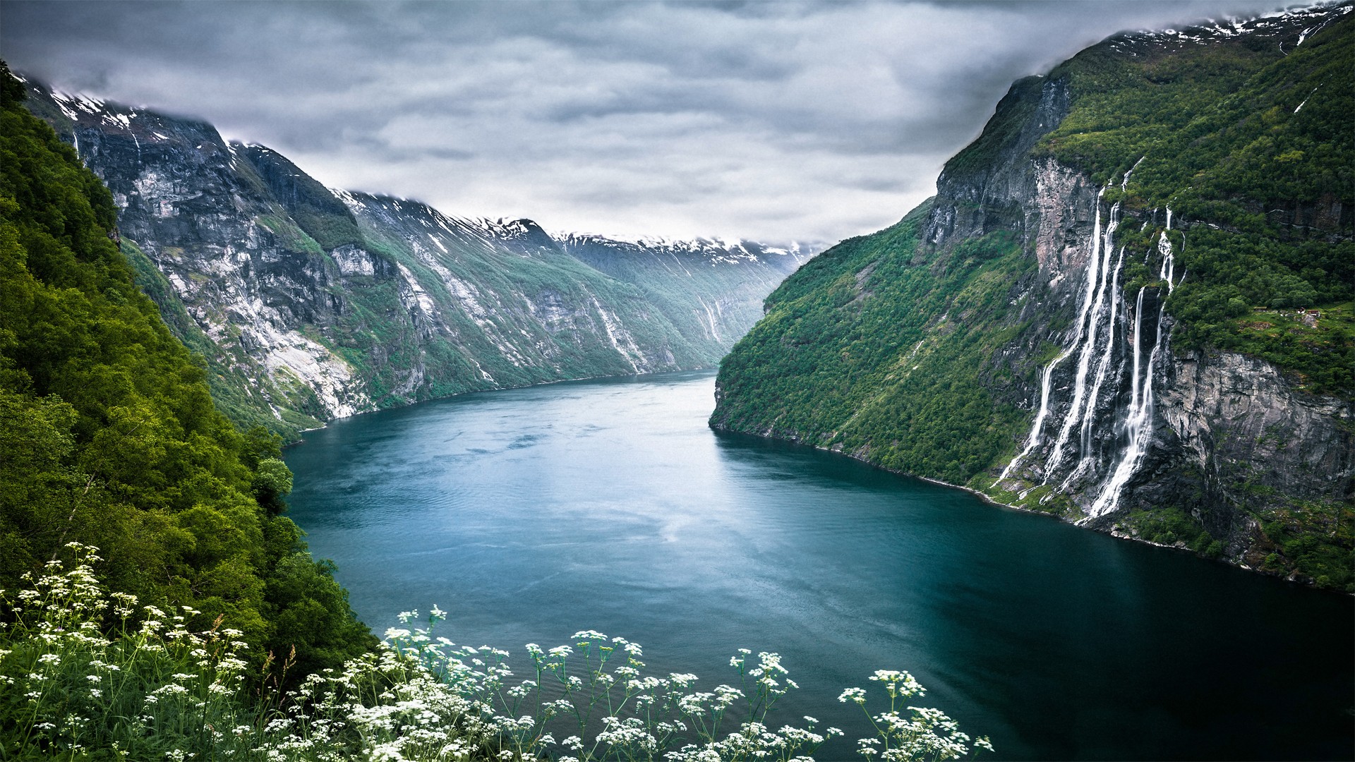 Nature Landscape Mountains Waterfall Geiranger Norway Fjord Cliff Wildflowers Foliage Seven Sisters  1920x1080