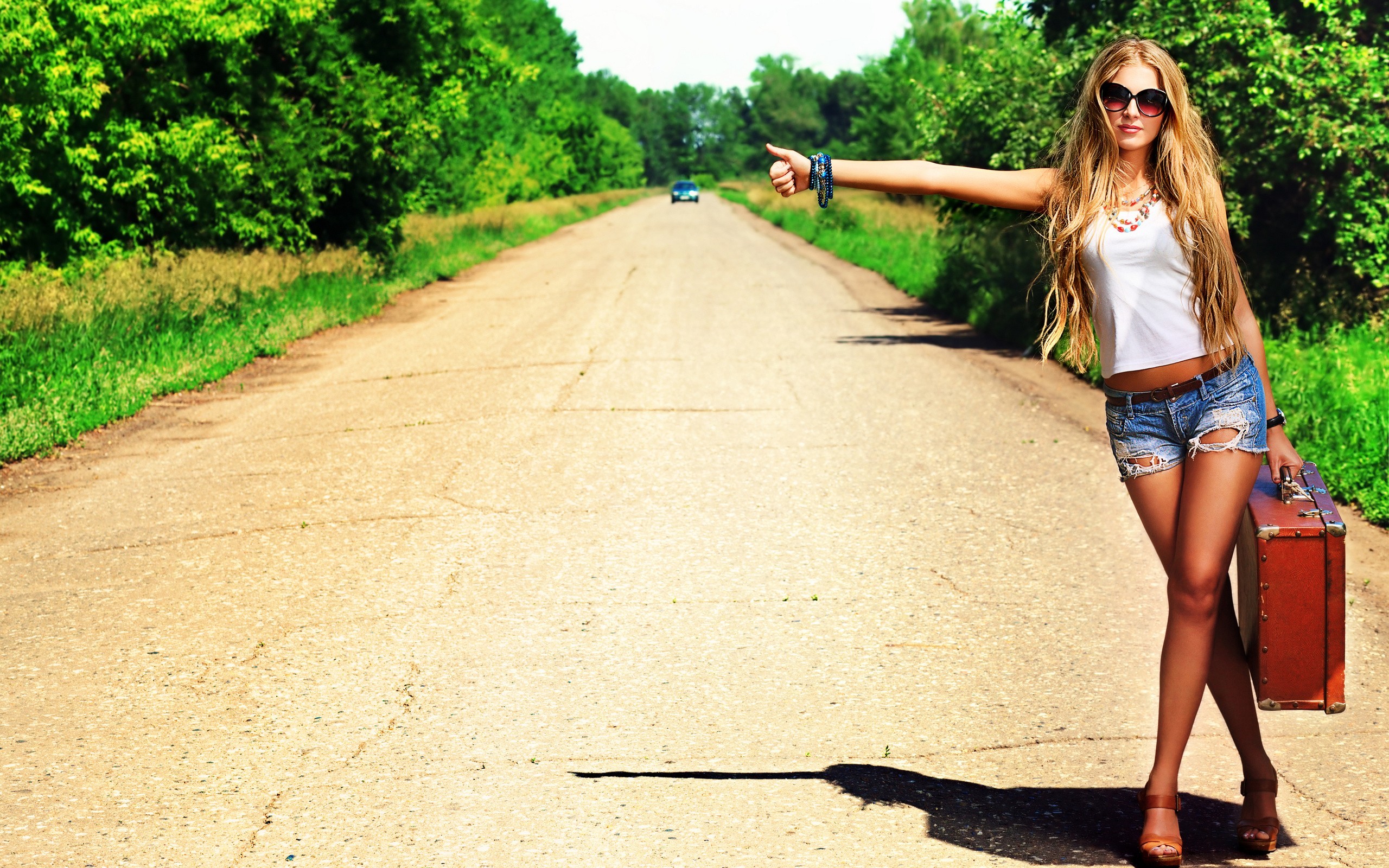 Road Women With Glasses Bracelets Long Hair Hitchhikers 2560x1600