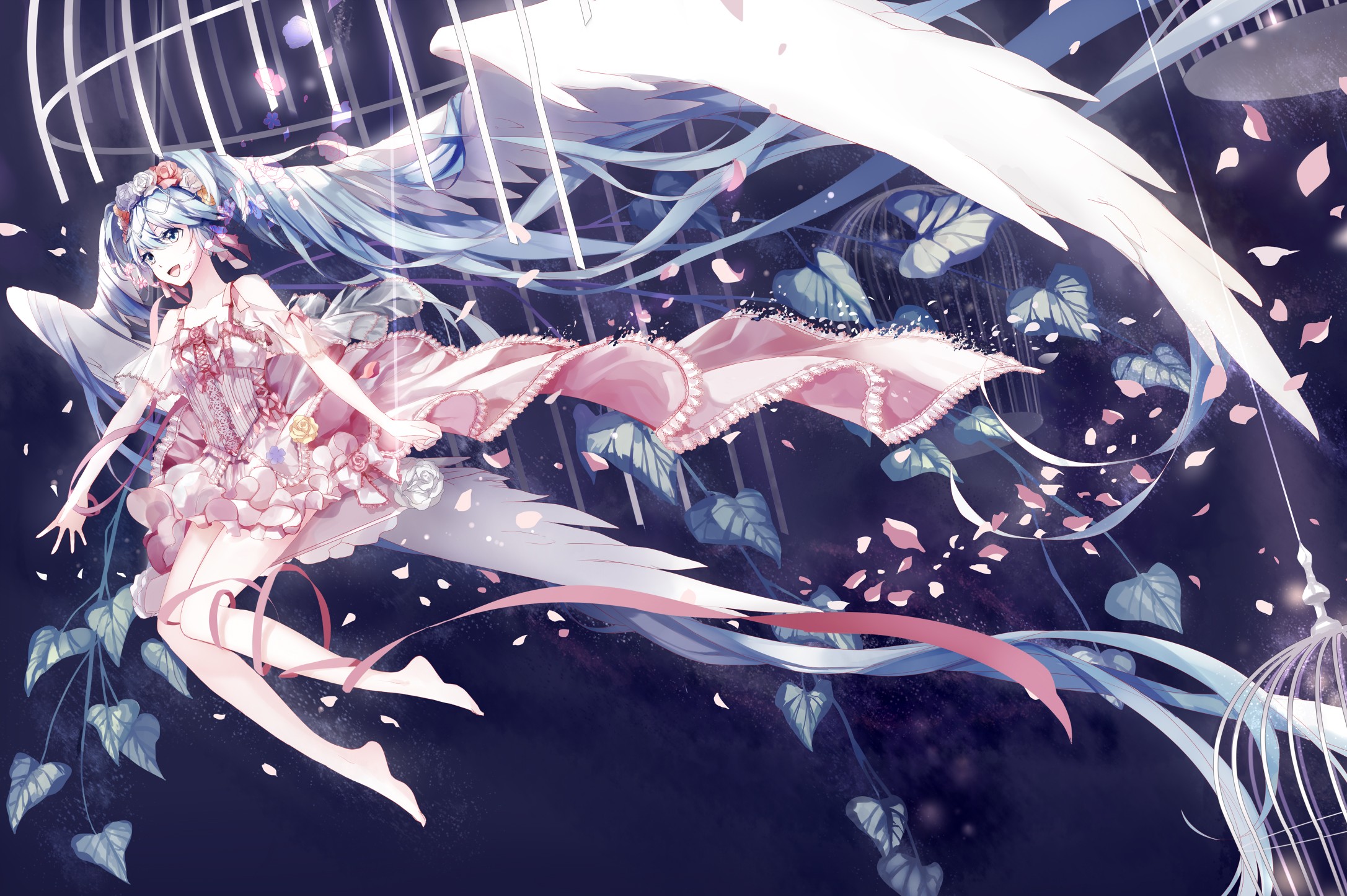 Vocaloid Hatsune Miku Long Hair Twintails Flower In Hair Dress Wings Flower Petals Feathers Cages Fl 2173x1445