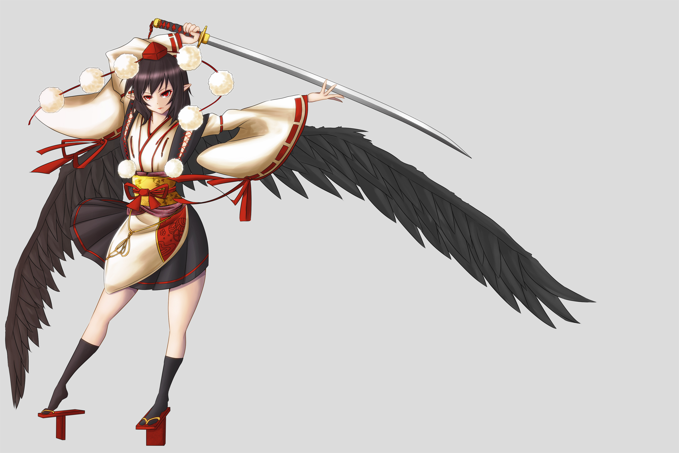 Touhou Aya Shameimaru Shameimaru Aya Anime Fantasy Girl Anime Girls Sword Wings Simple Background 2160x1440