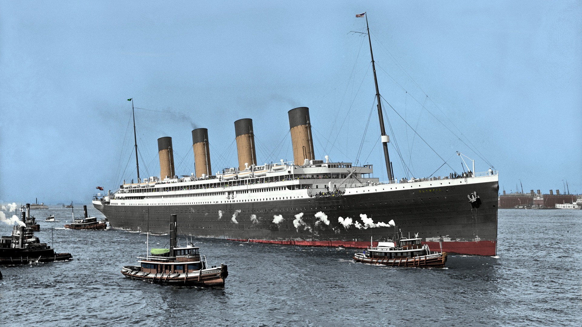 Nature Landscape Ship Boat Sea Chimneys Smoke History RMS Olympic Steamship UK Colorized Photos Dock 1920x1080