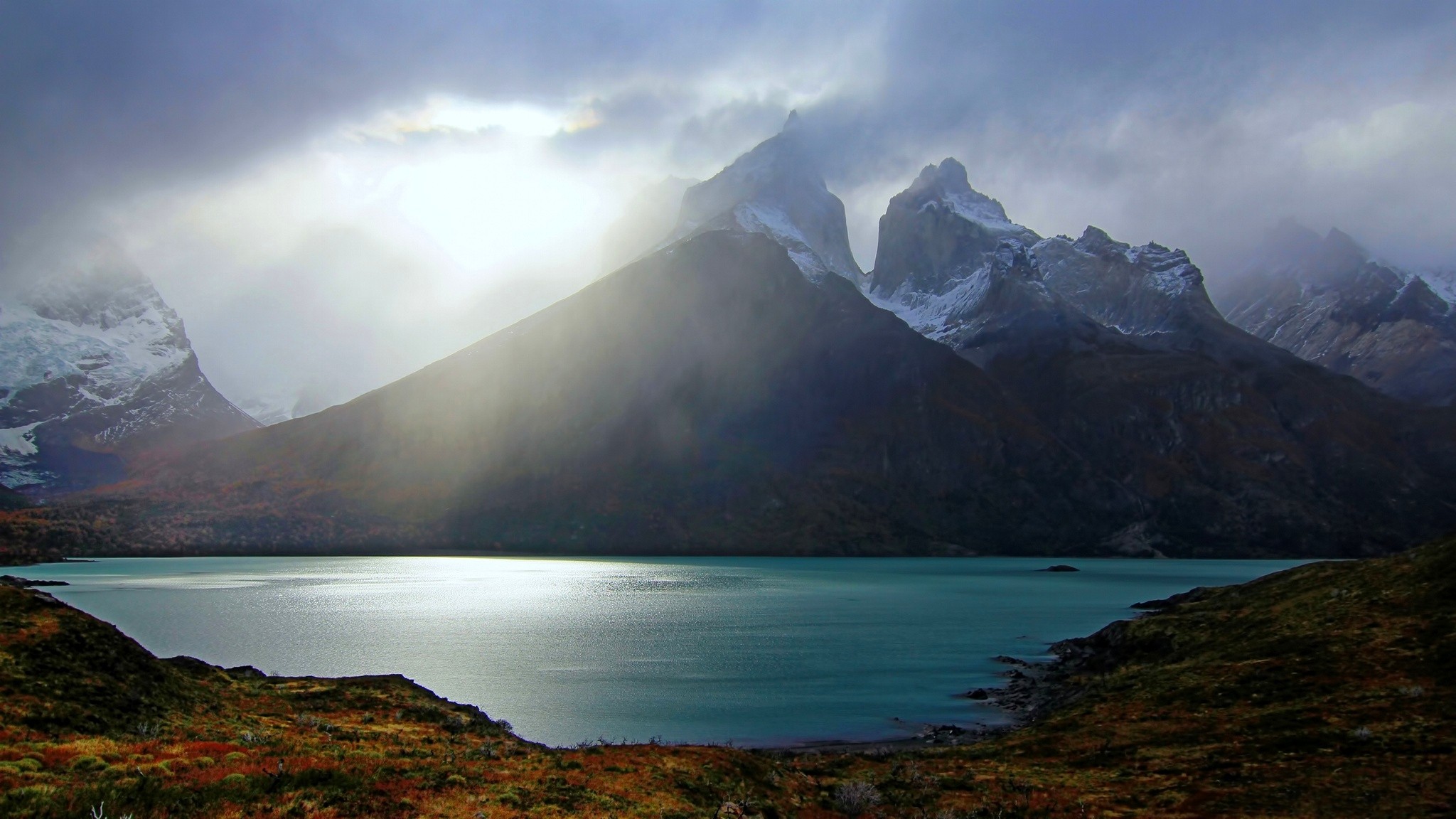 Nature Landscape Mountains Lake Sunset Chile Torres Del Paine Mist Turquoise Water Snowy Peak 2048x1152