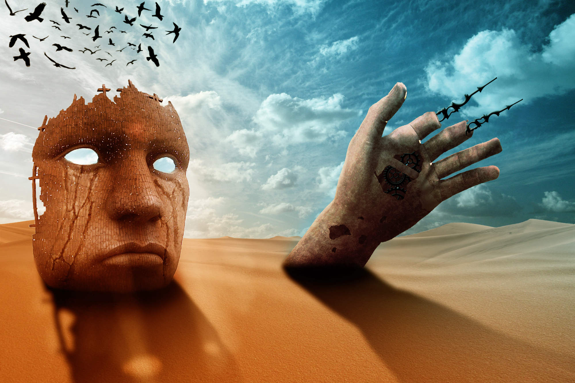 Digital Art Artwork Surreal Desert Sand Mask Hands Birds Nature Landscape Clouds Shadow Broken Gears 2000x1333