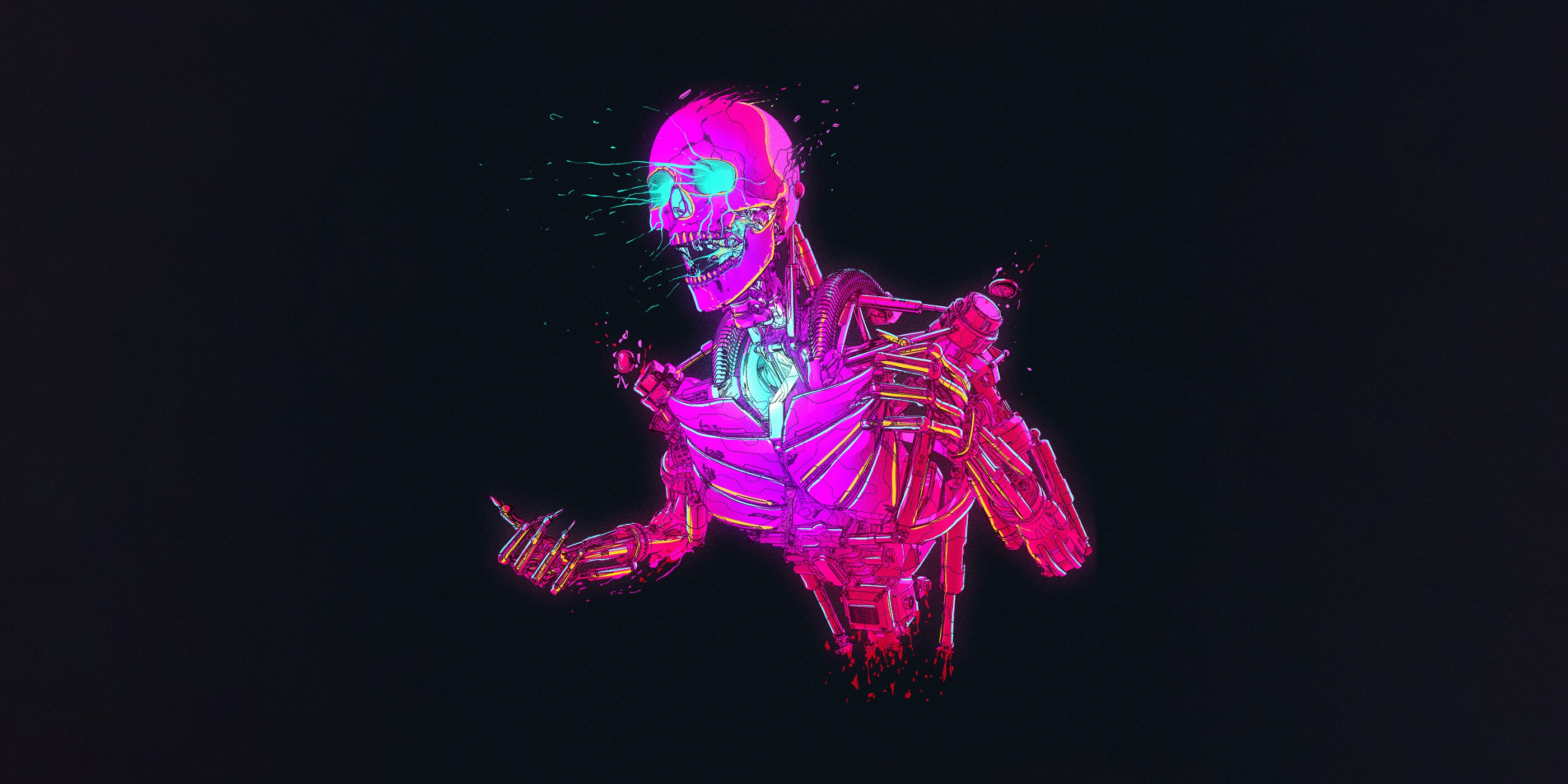 Artwork Robot Cyberpunk Skull Retrowave Skeleton Digital Art Nick Sullo Pink 2800x1400
