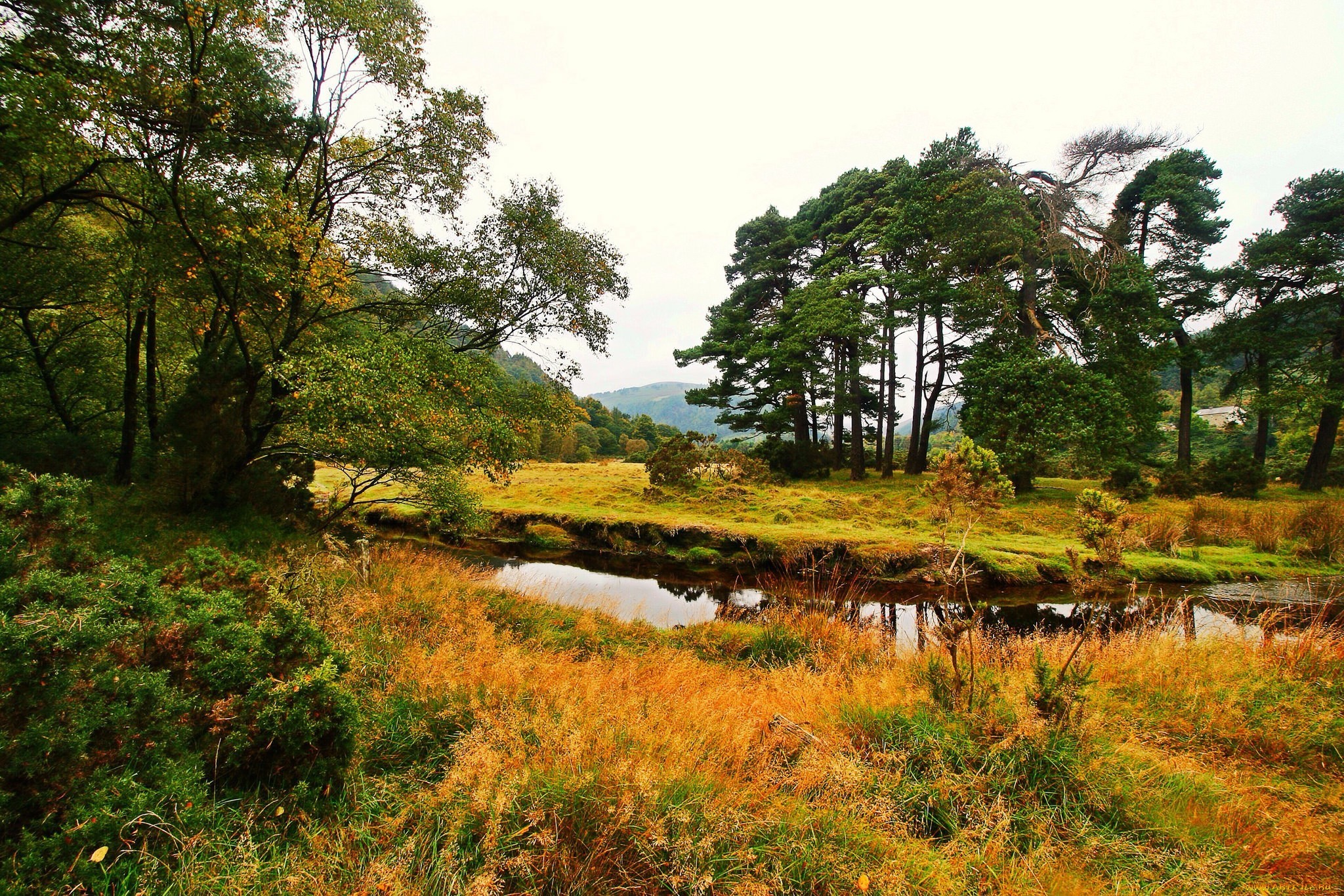 Landscape River Hills Trees Dry Grass Summer 2048x1366