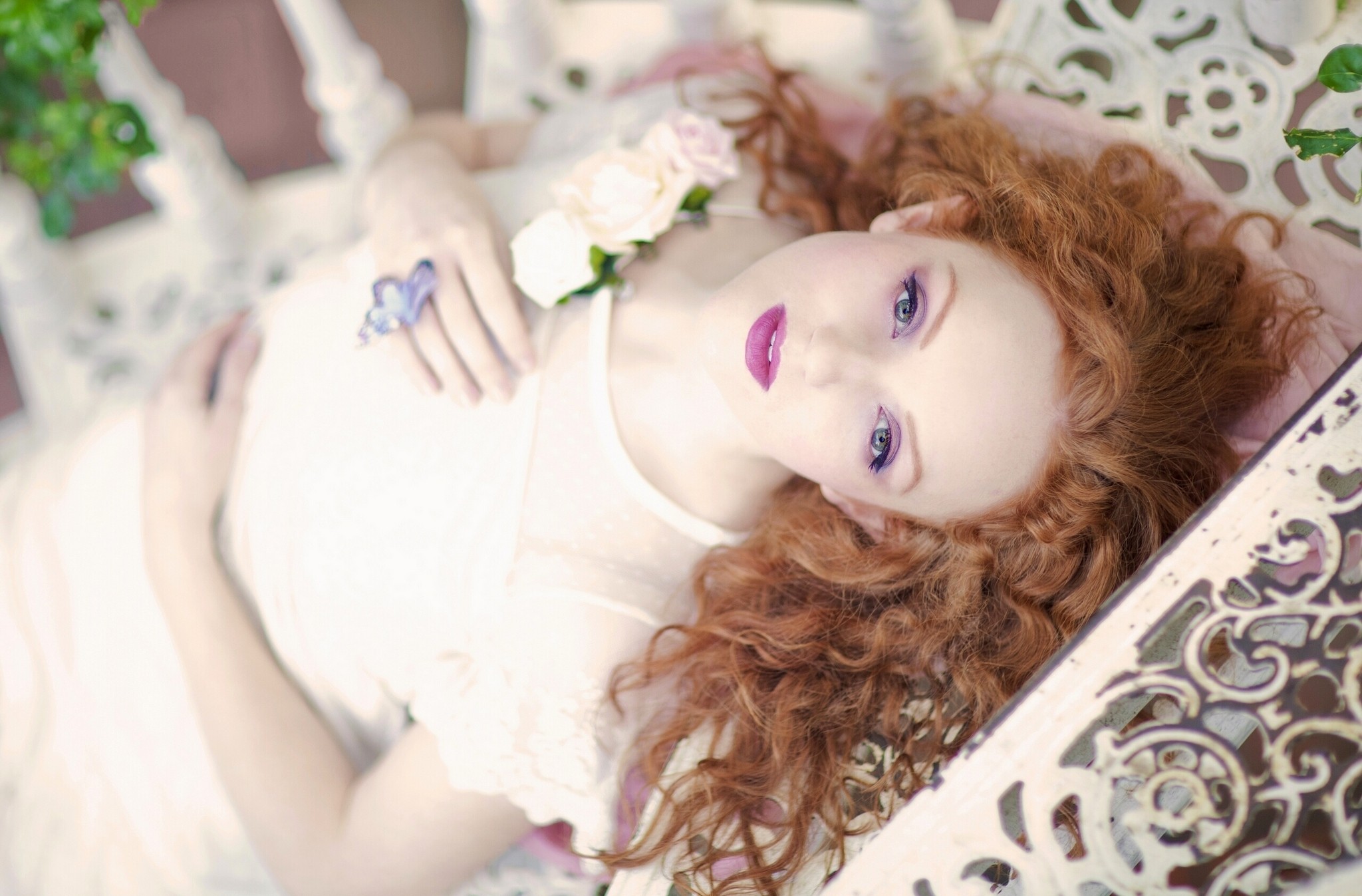 Women Model Redhead Long Hair Curly Hair Blue Eyes Purple Lipstick White Dress Looking At Viewer Lyi 2048x1347