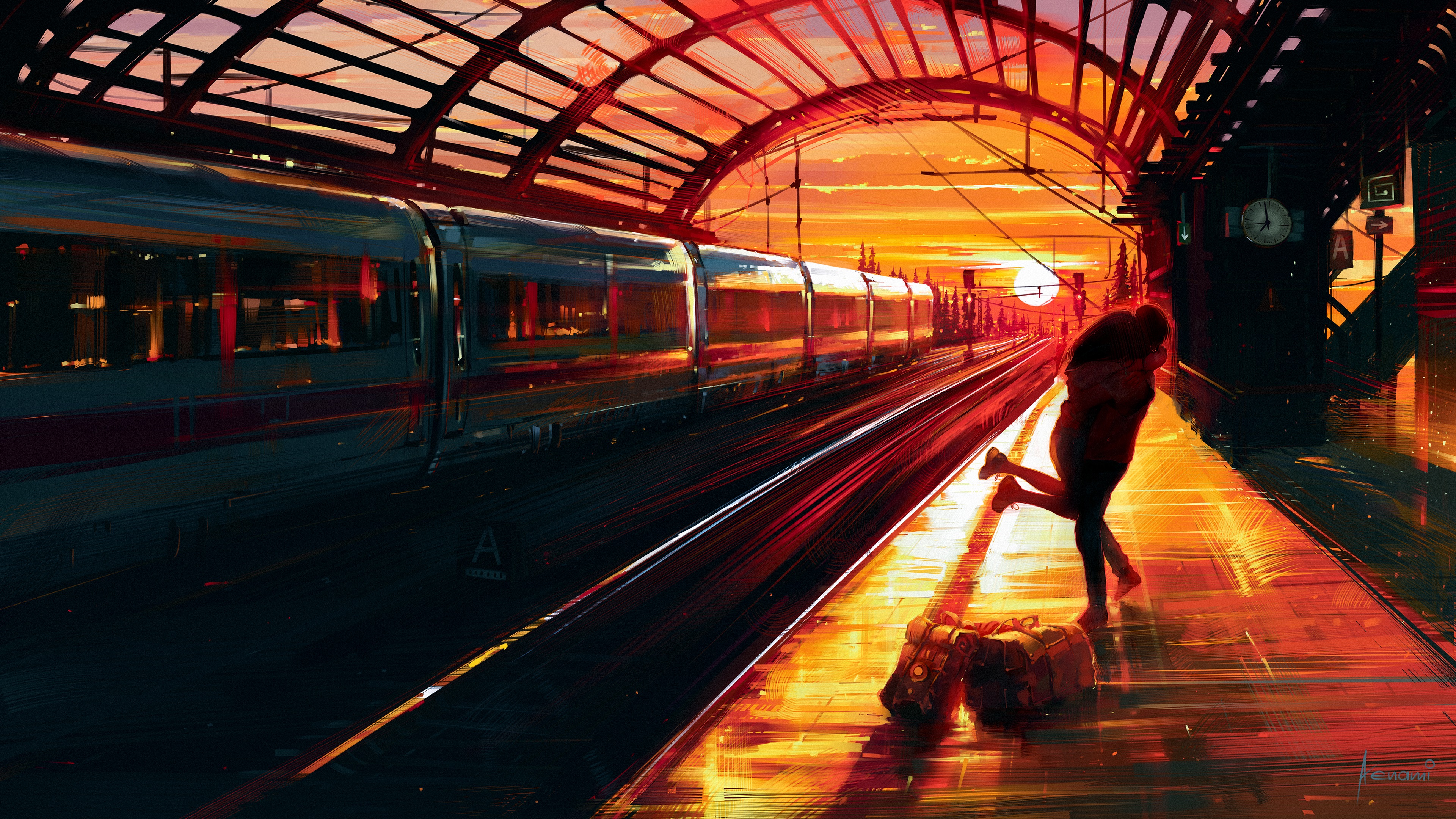Aenami Women Train Station Sunset Painting Train Artwork 3840x2160