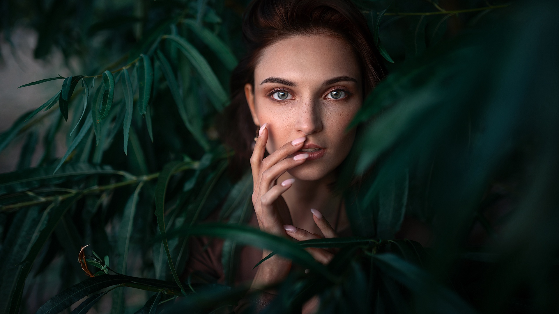 Women Face Plants Leaves Model Portrait Maxim Gustarev Freckles Touching Face 1920x1080