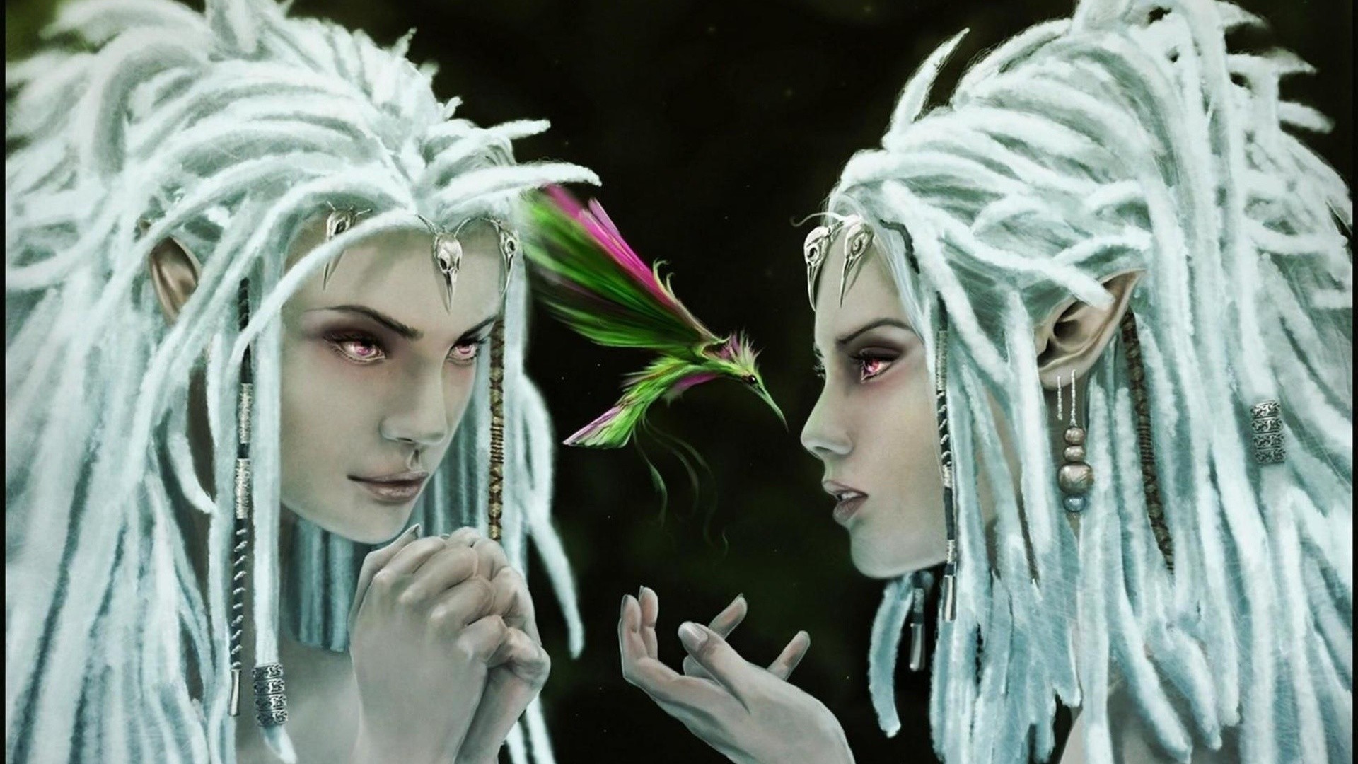 Elven Women Decorated Twins Birds Hummingbird Digital Art Fantasy Girl Fantasy Art 1920x1080