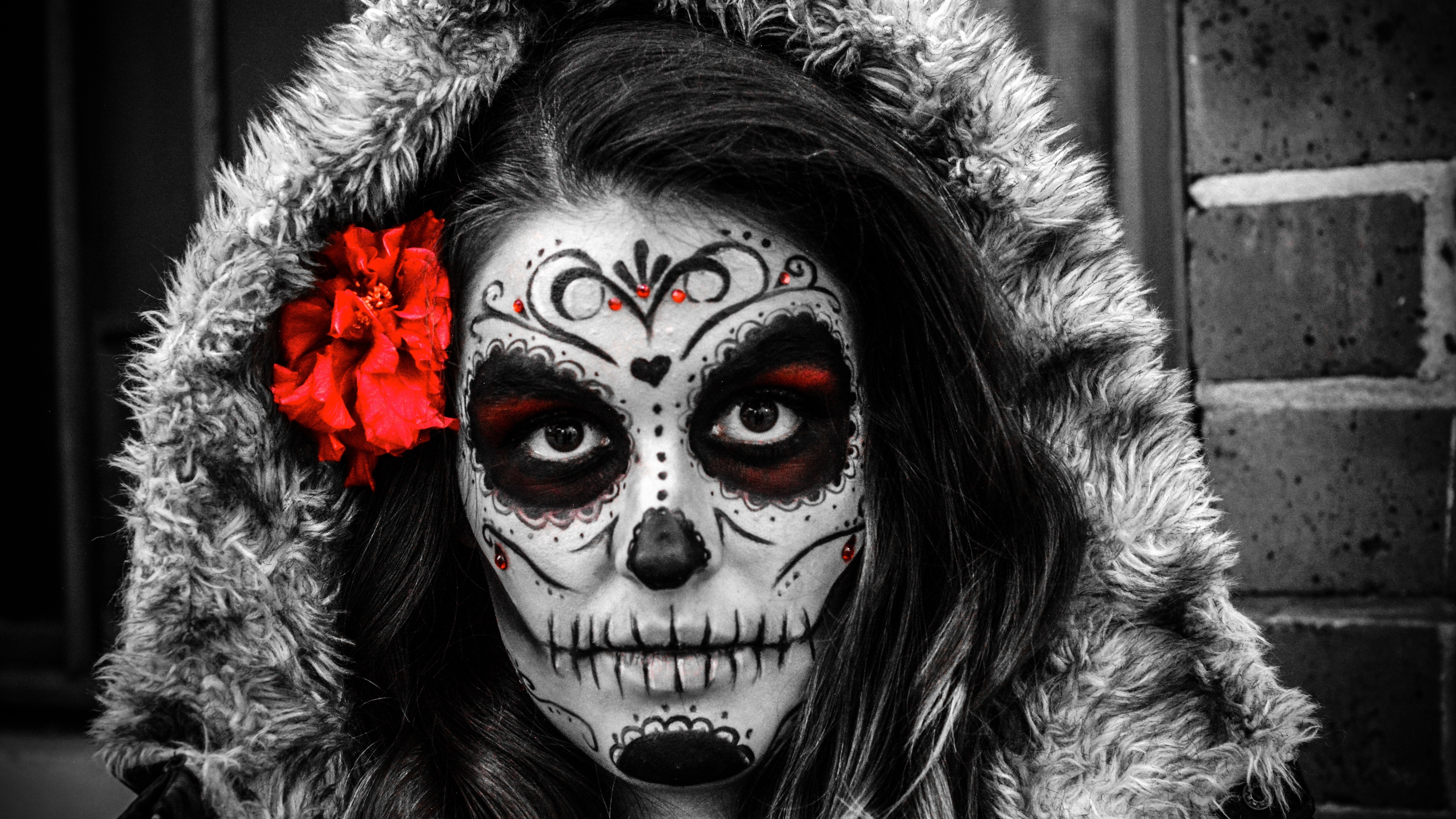 Sugar Skull Selective Coloring Dia De Los Muertos Women Flowers Flower In Hair Face Paint 6000x3375