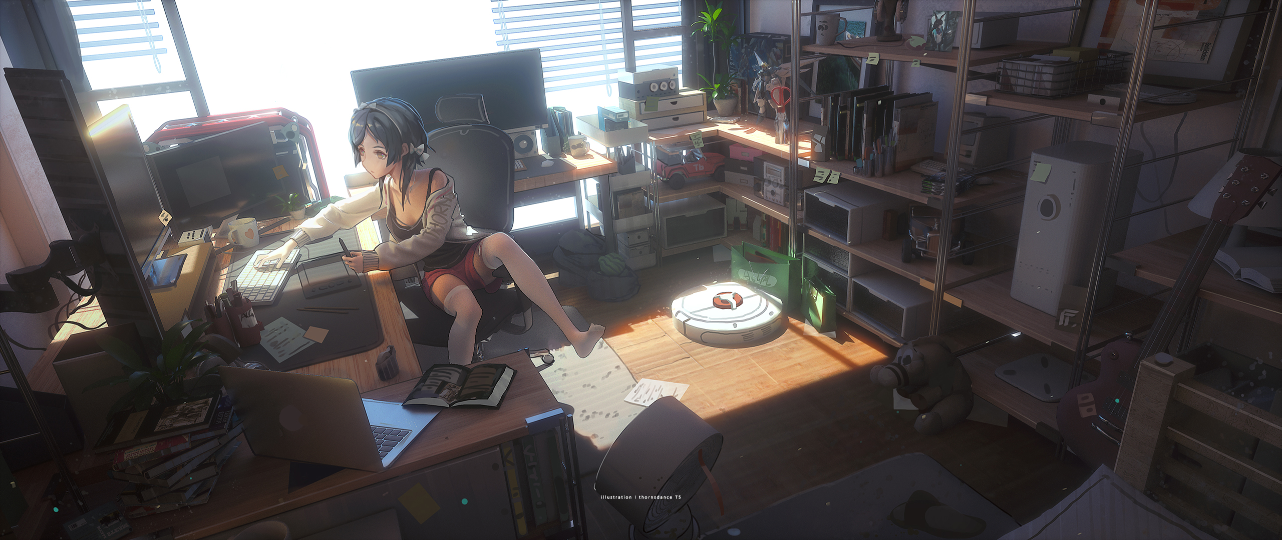 Anime 3D Animation Watermarked Anime Girls Desk Computer Sitting Thigh Highs Room Artwork Digital Ar 2560x1080