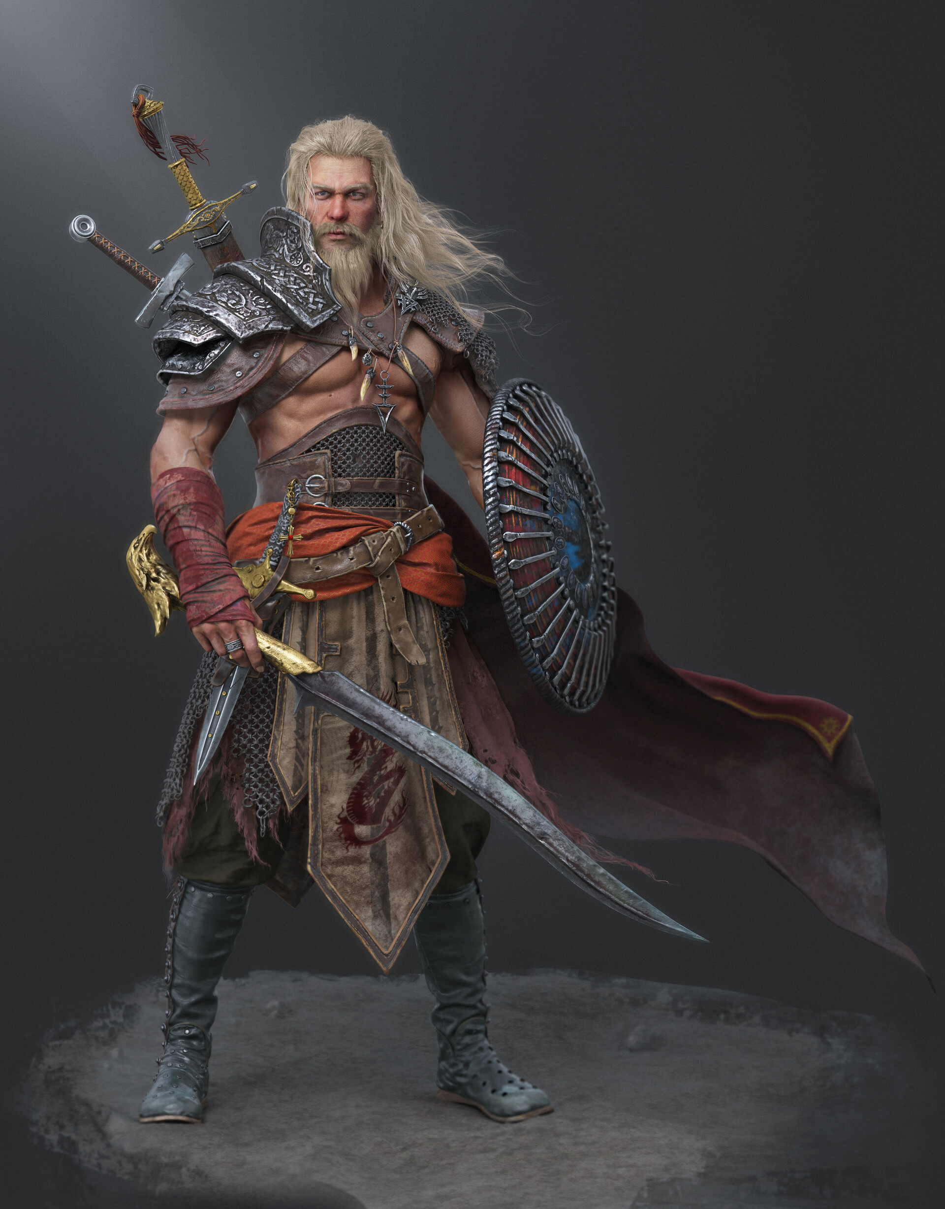 Men CGi Blonde Long Hair Wind Beard Warrior Barbarian Weapon Sword Blades Rings Armor Shield Boots S 1920x2455