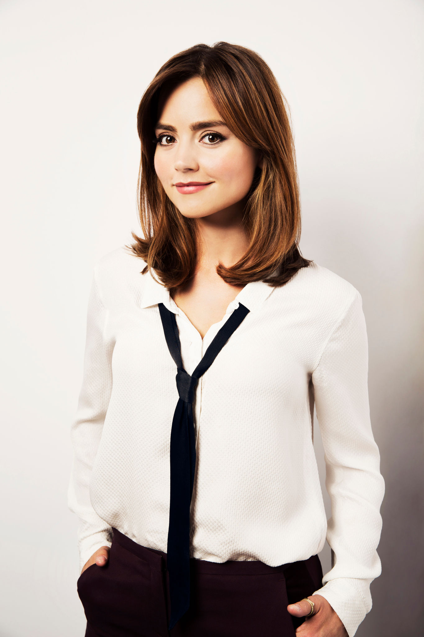 Jenna Coleman Actress Women Actress Shoulder Length Hair Brunette Simple Background Tie Hands In Poc 1365x2048