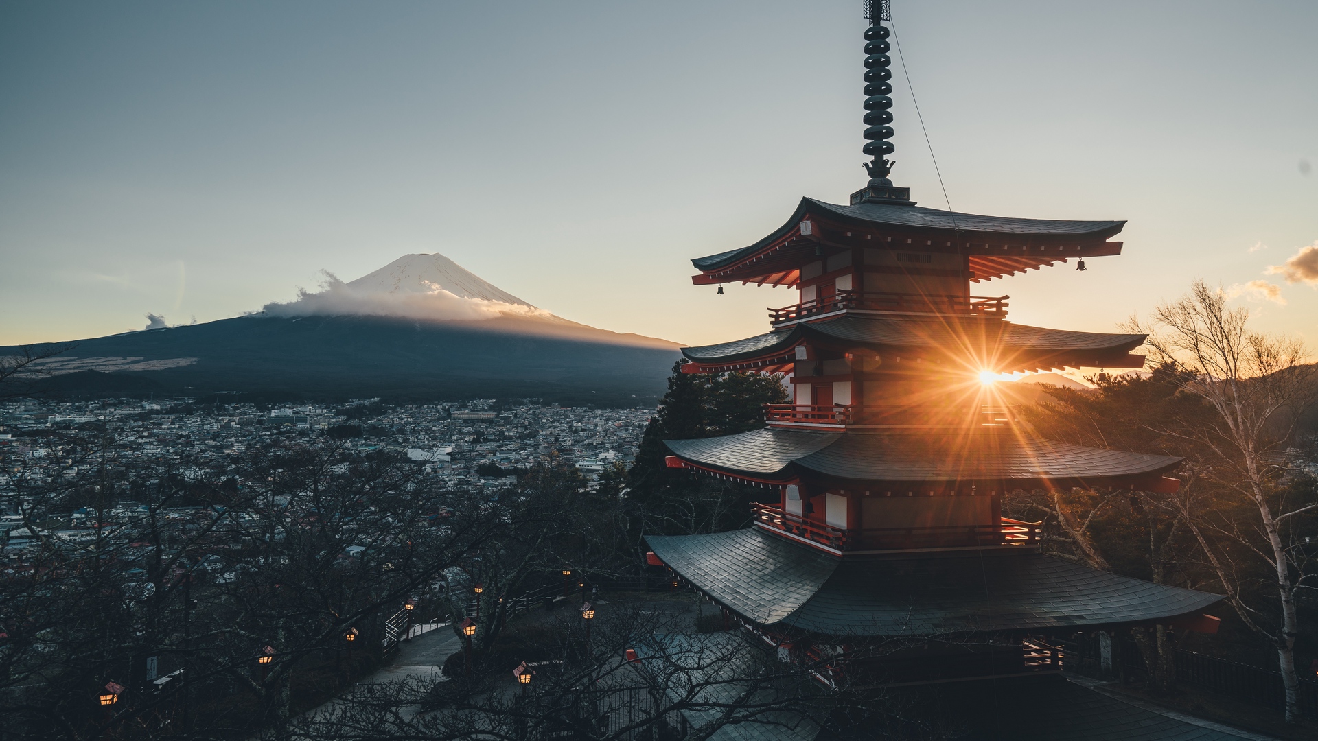 Landscape Mountains Sunlight Architecture Pagoda Cityscape Optical Flares Volcano Colorful Japan Mou 1920x1080