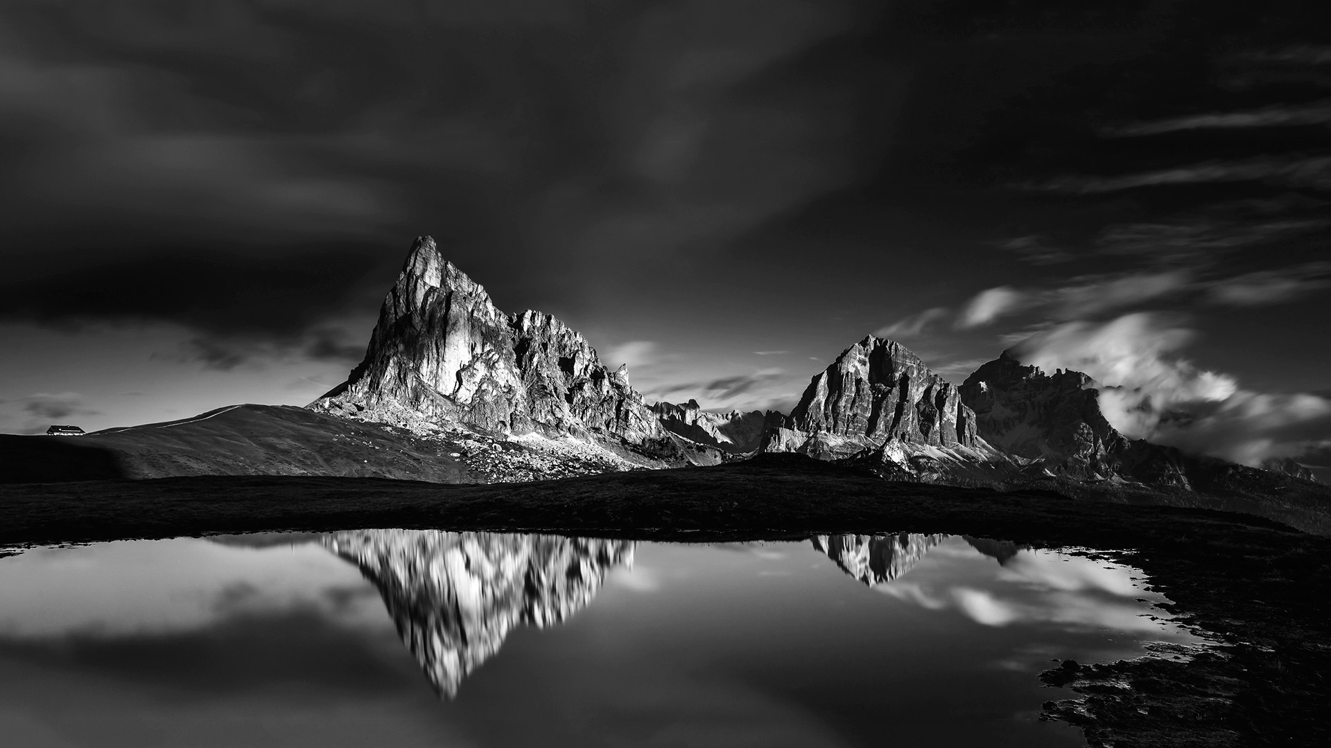 Nature Landscape Mountains Clouds Dolomites Mountains Lake Water House Reflection Monochrome 1920x1080