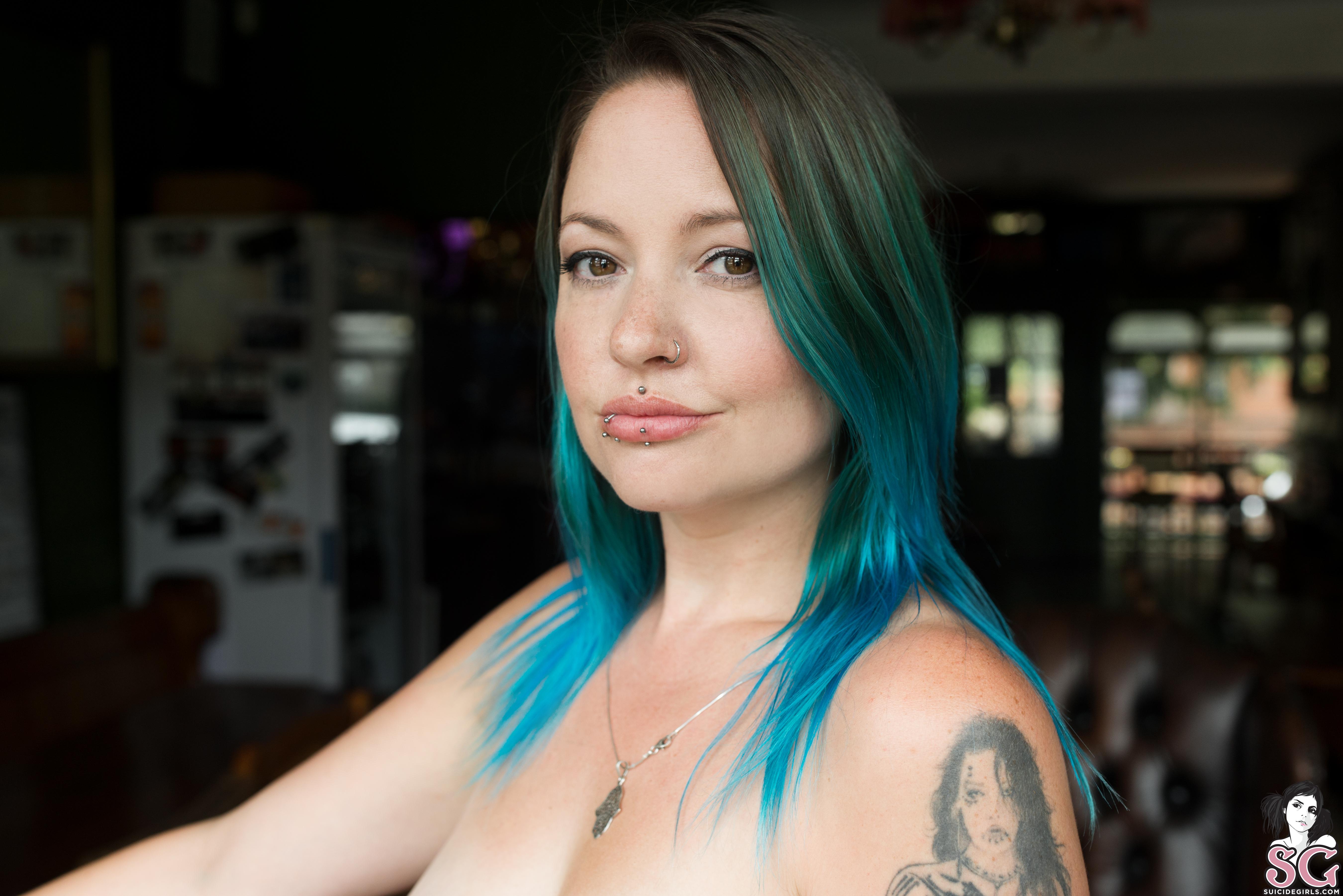 Women Tattoo Blue Hair Armchairs Bar Cyan Hair 5400x3603