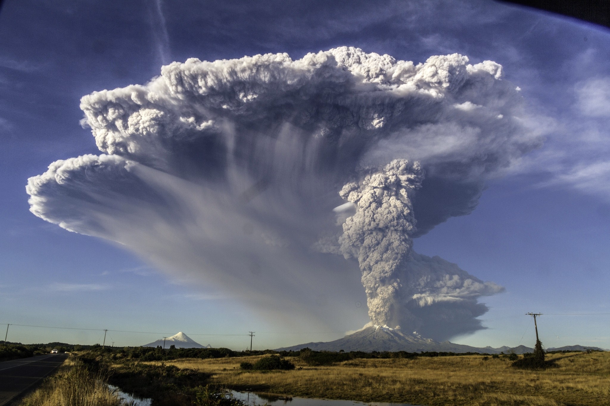 Calbuco Volcano Volcano Eruptions Chile Field Road Lava Mountains Snowy Peak Smoke Nature Landscape  2048x1365