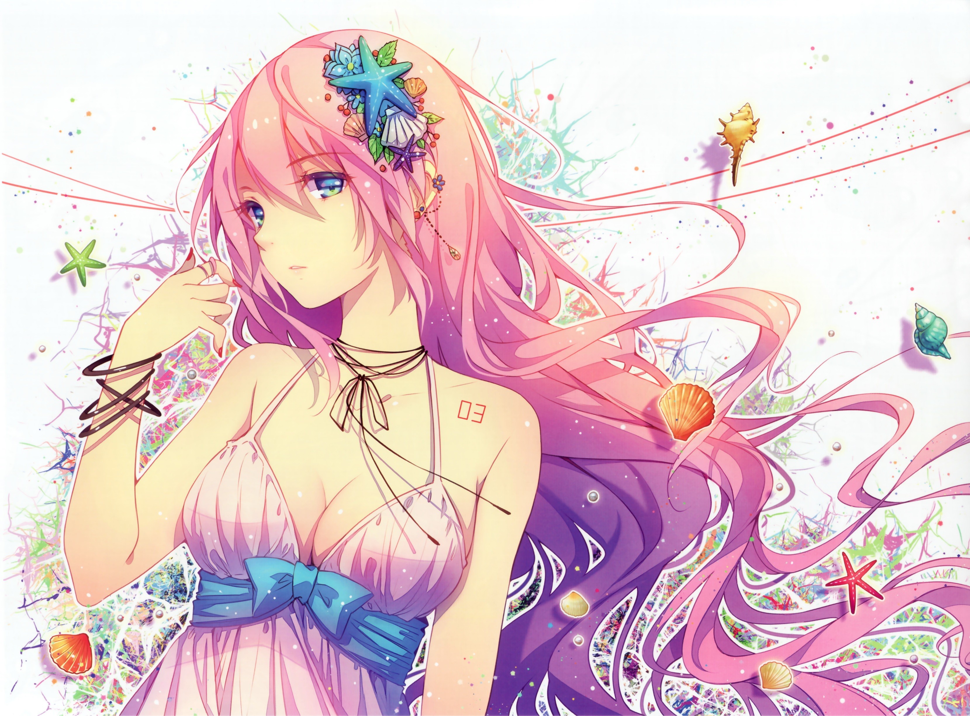 Vocaloid Megurine Luka Long Hair Ribbon Seashells Starfish Jewelry Anime Girls Anime Bangs Pink Hair 3319x2450