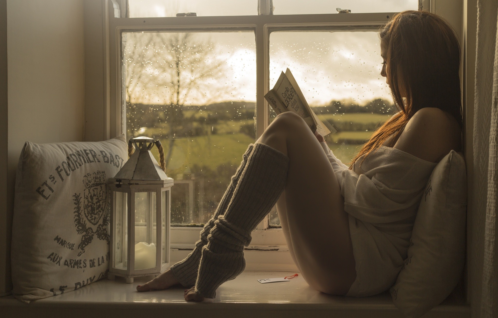 Women Model Brunette Window White Clothing Knee Highs Reading By The Window Bare Shoulders Leg Warme 2048x1308
