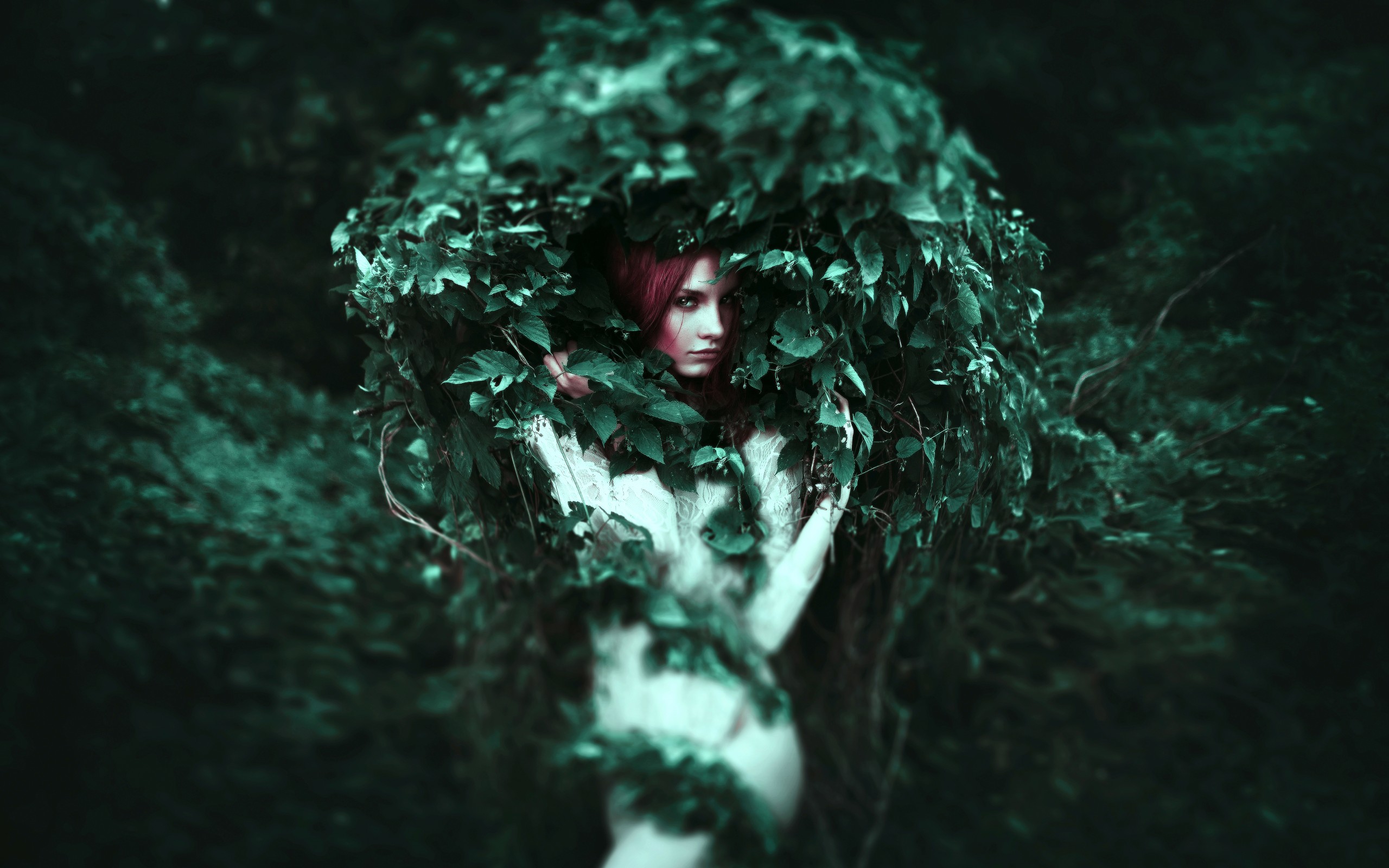 Green Leaves Women Nature Women Outdoors Dress Redhead Dyed Hair Looking At Viewer Centered White Dr 2560x1600