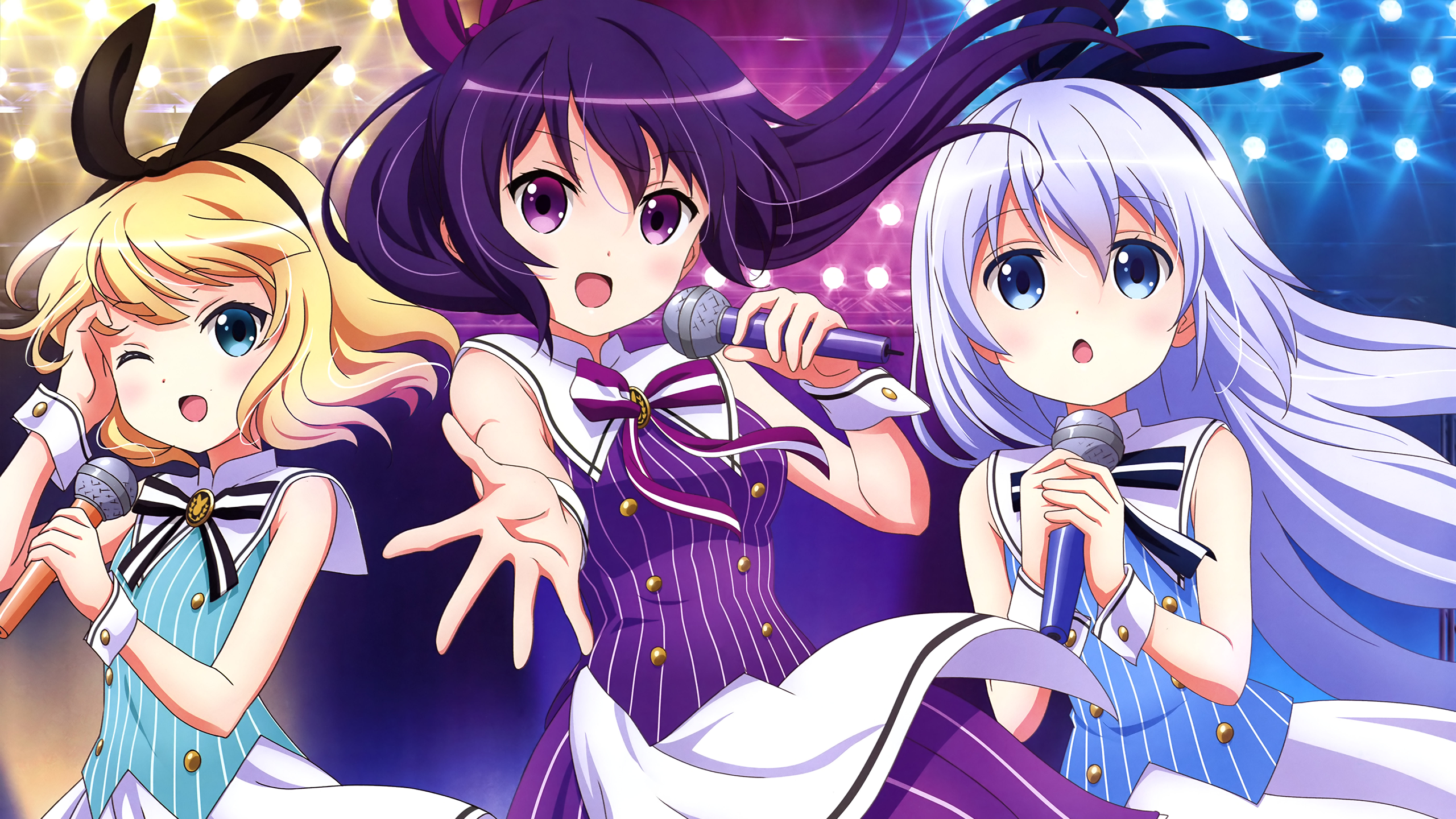 Anime Anime Girls Microphone Music Singing Gochuumon Wa Usagi Desu Ka Kafuu Chino Kirima Sharo Tedez 2560x1440