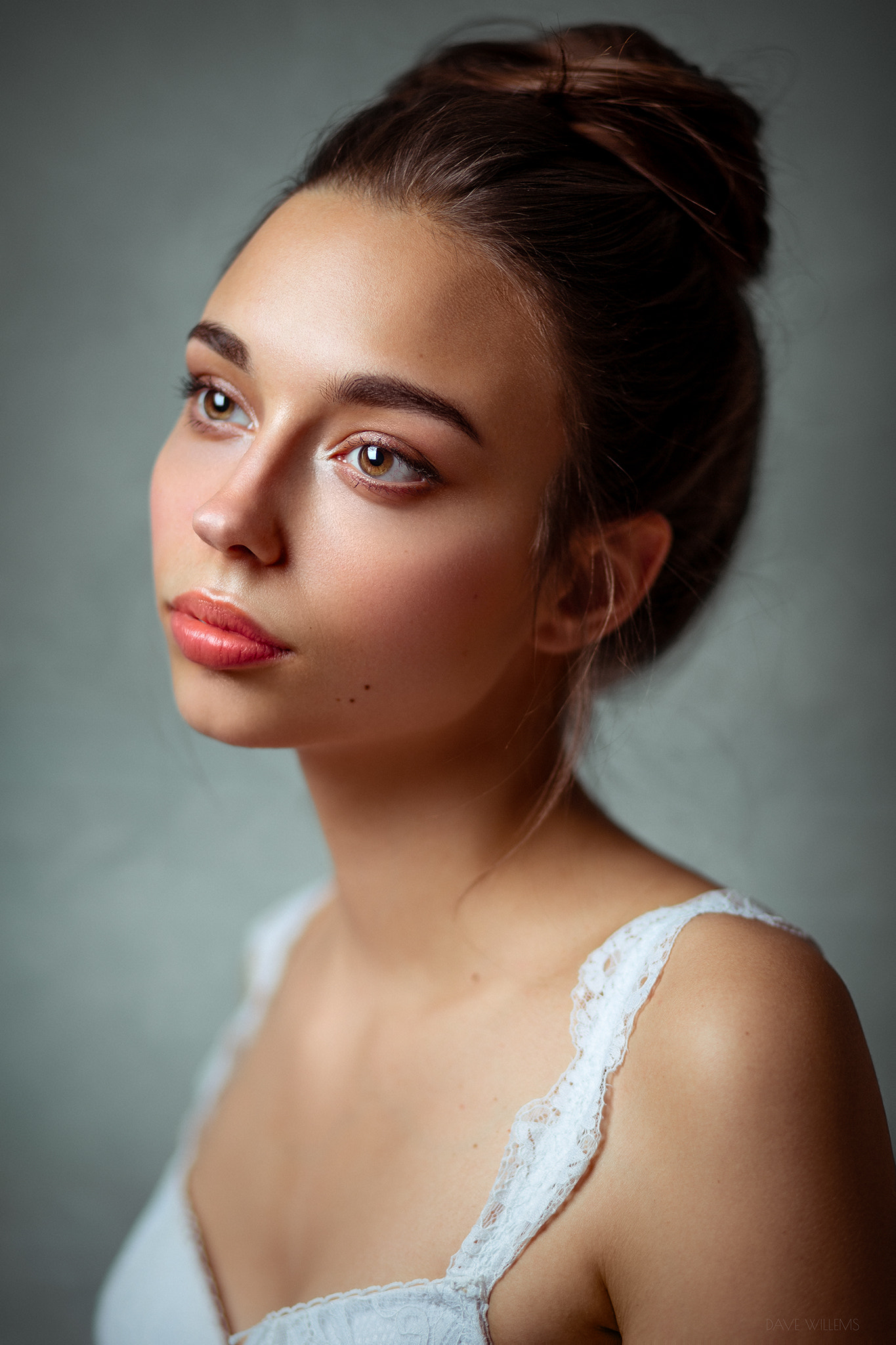 Dave Willems Women Brunette Hairbun Makeup Looking Away Portrait Simple Background Brown Eyes 1365x2048