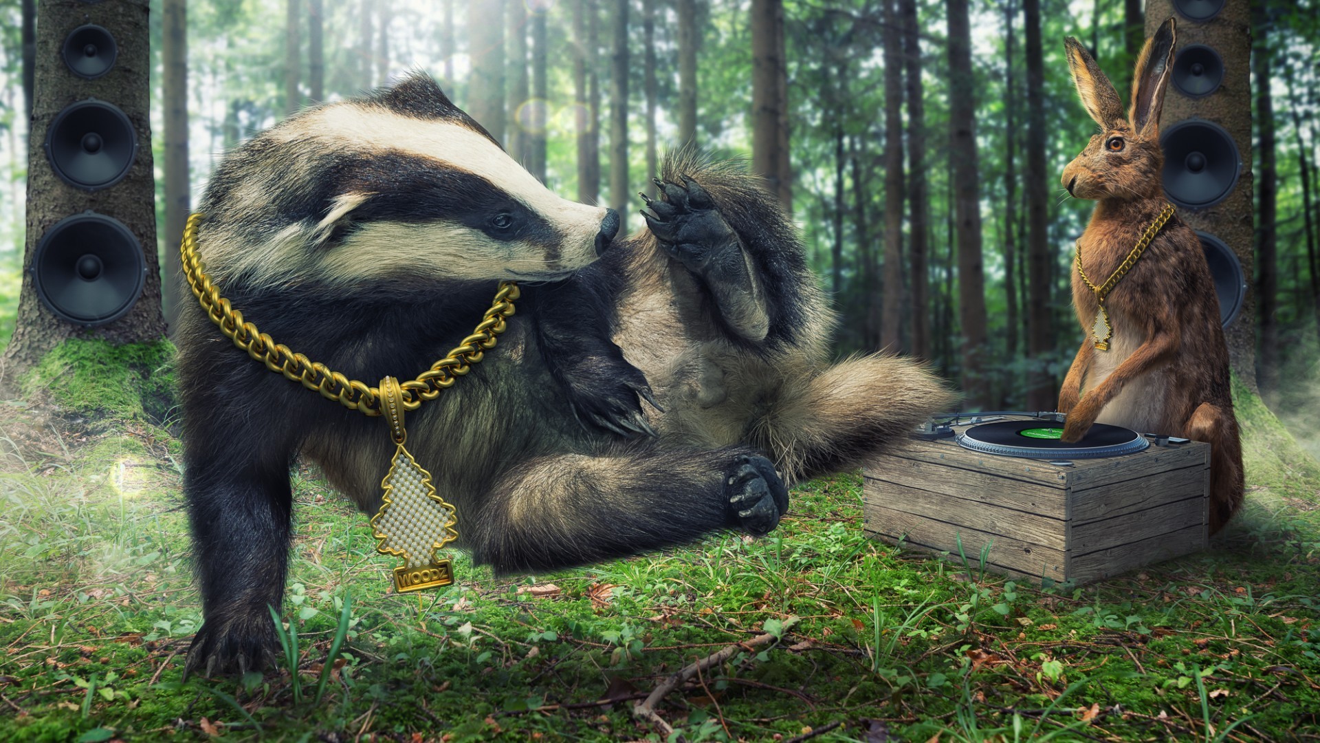 Humor Photoshop Creativity Digital Art Nature Trees Forest Rabbits Badger Gold Chains Speakers Break 1920x1080