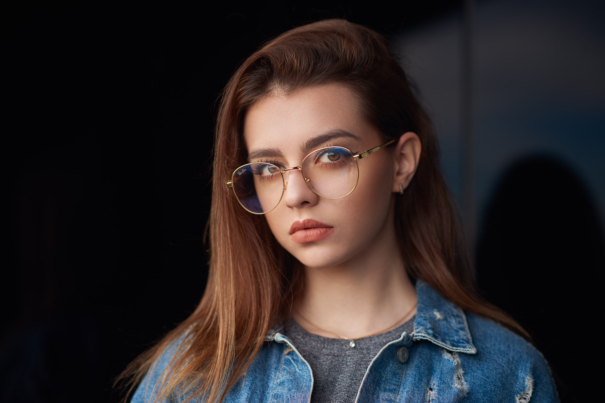 Women Face Women With Glasses Redhead Looking At Viewer Brown Eyes Jeans Jacket Ray Ban Long Hair Ne 2048x1365