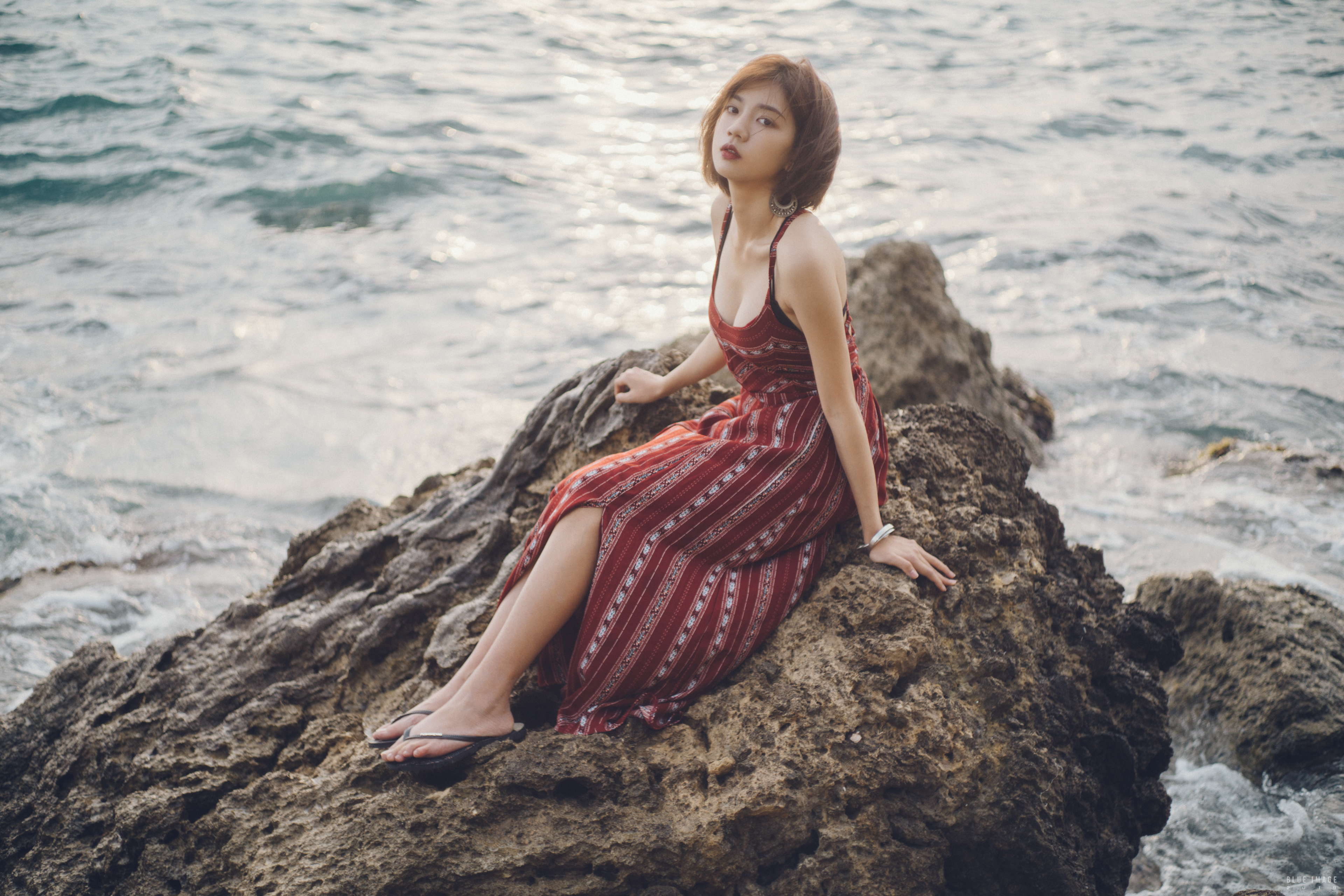 Asian Women Model Brunette Short Hair Barefoot Flip Flops Dress Sitting Rocks Coast 3840x2560