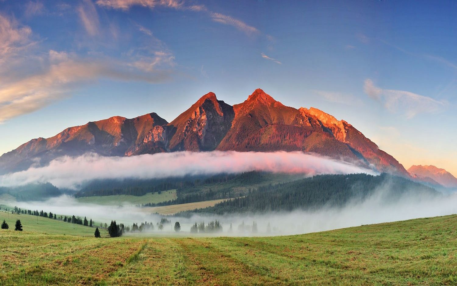 Photography Nature Landscape Mountains Sunset Mist Forest Field Trees Grass Slovakia Tatra Mountains 1500x938