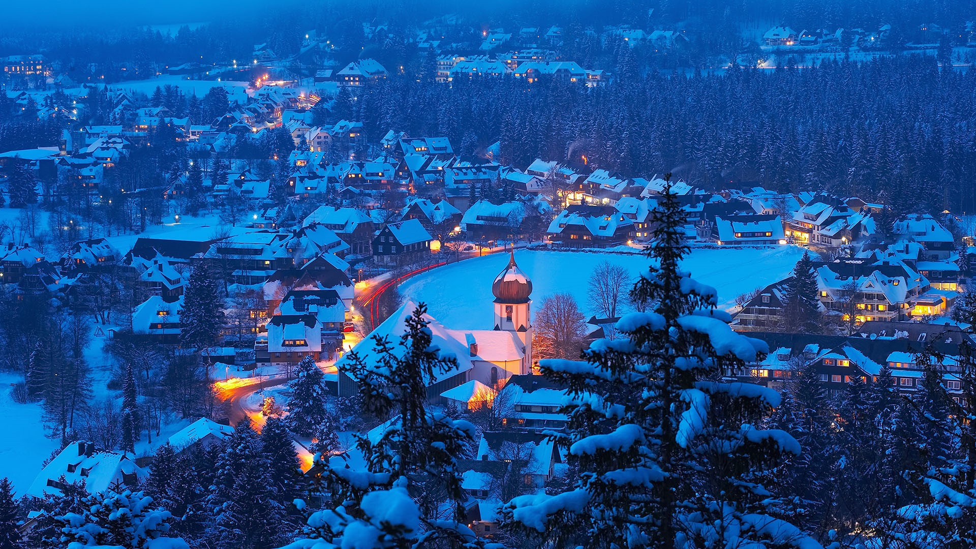 Hinterzarten Black Forest Baden Wurttemberg Germany Snow Snow Covered City Night Winter Blue 1920x1080