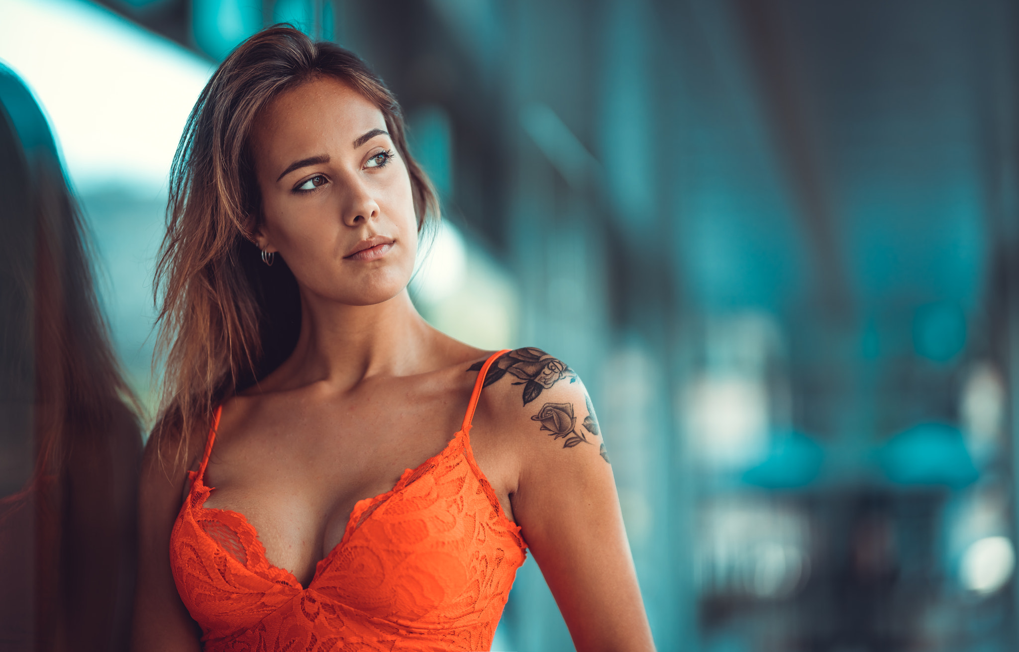Women Tanned Orange Dress Tattoo Portrait Reflection Marco Squassina Brunette Inked Girls Looking Aw 2048x1311