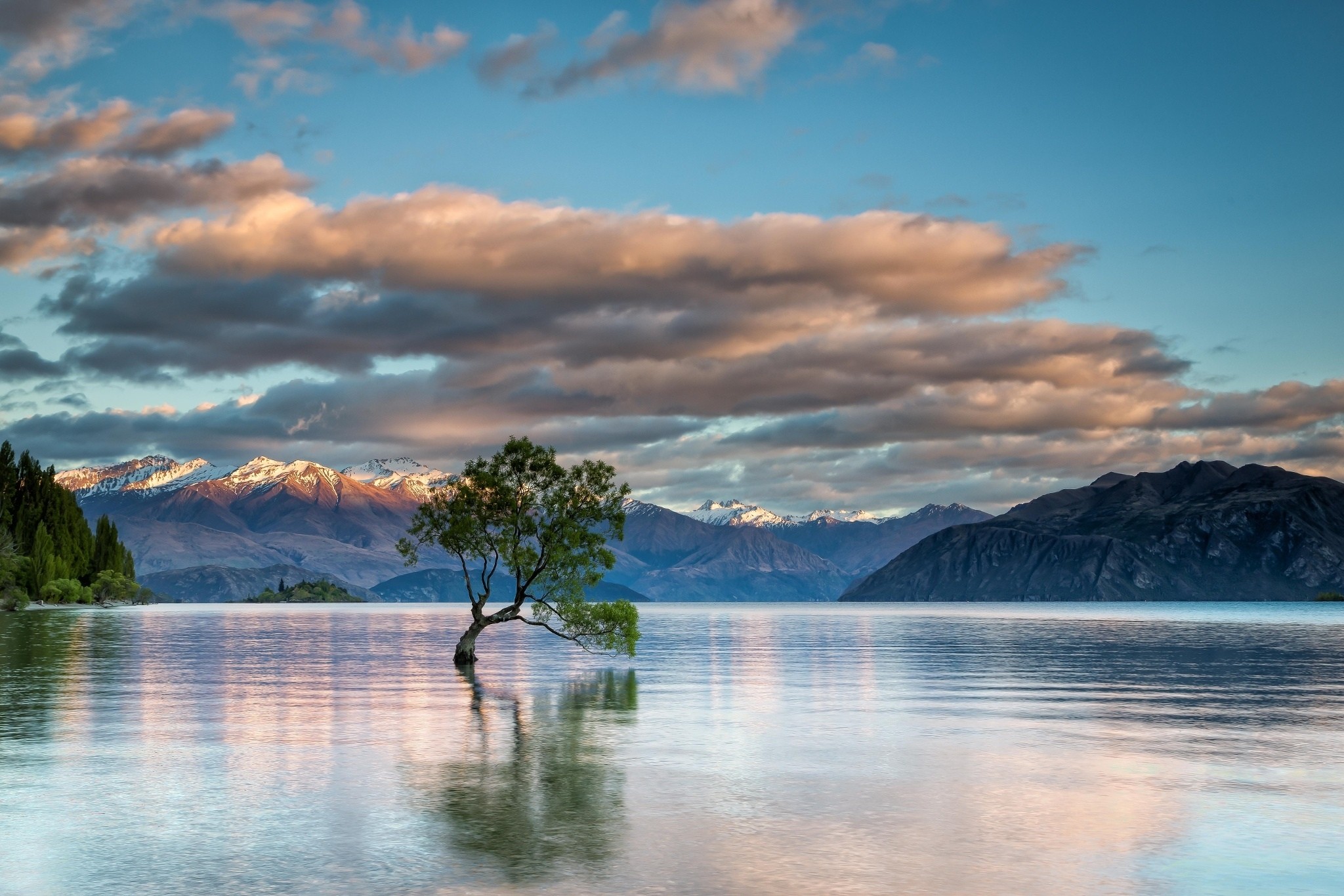 Nature Landscape Trees Lake Wanaka New Zealand Lake Clouds Mountains Snow Horizon Reflection 2048x1365