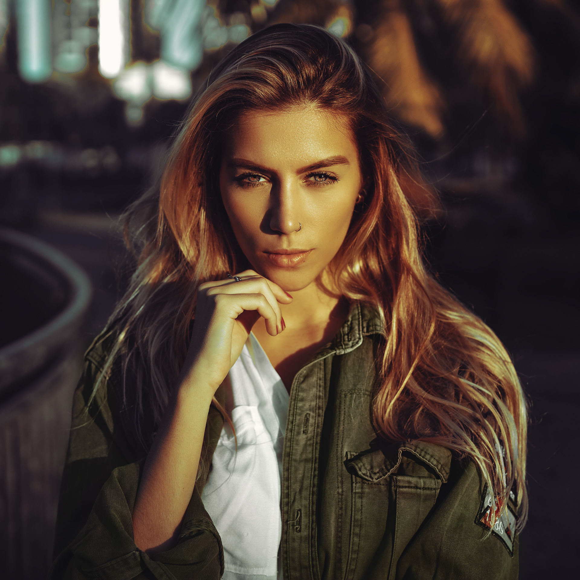 Women Blonde Portrait Sun Bathing Green Jacket White Shirt Piercing Thiago Bomfim 1920x1920