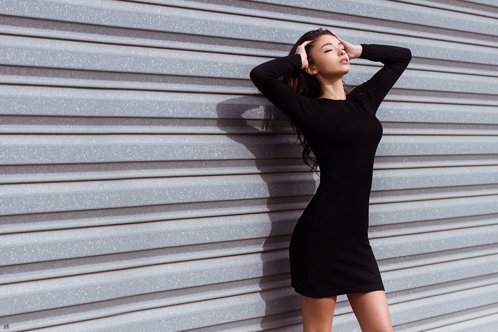 Eric Elger Women Model Brunette Long Hair Simple Background Dress Black Dress Closed Eyes Kenza Meli 1638x1092