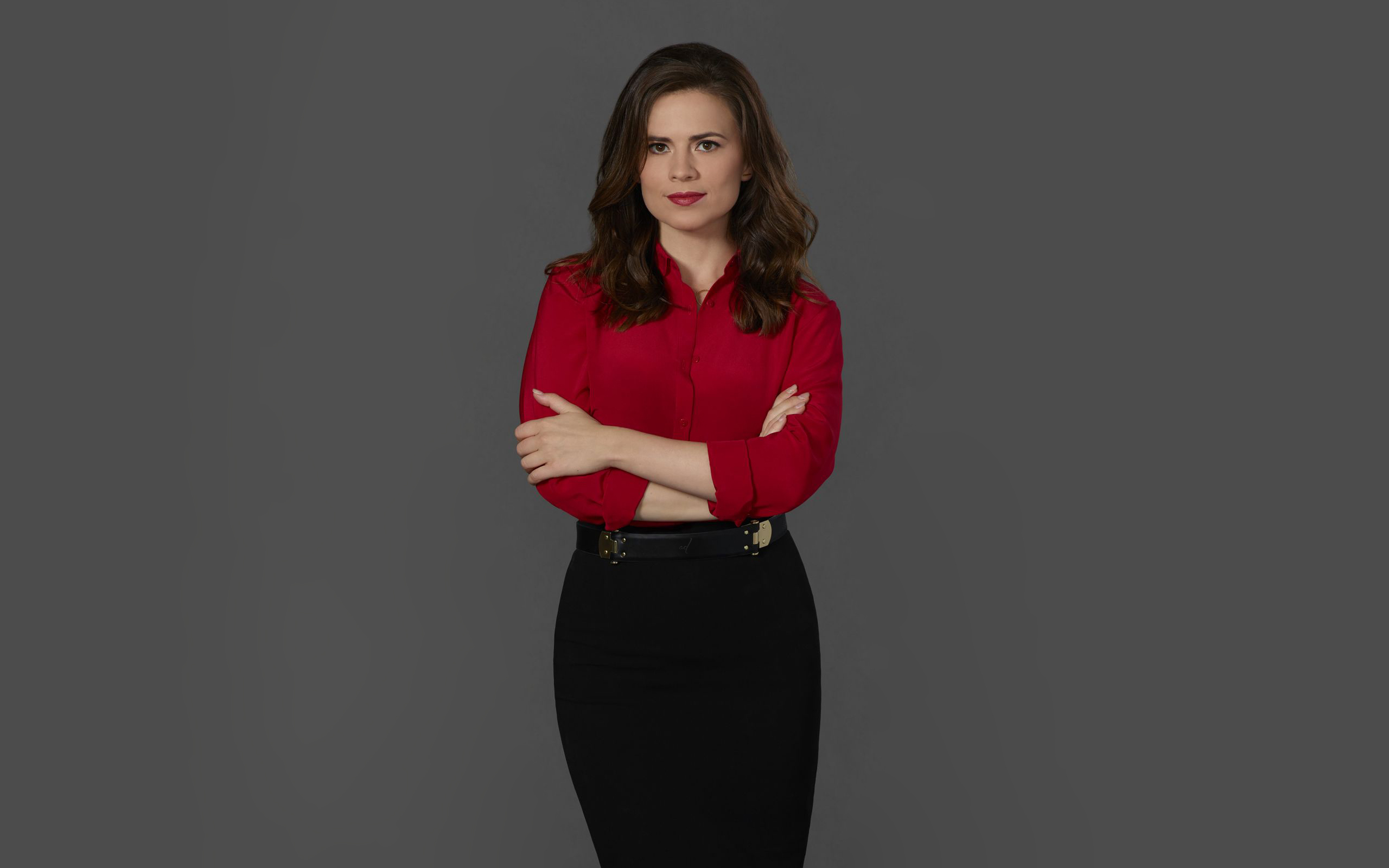 Hayley Atwell Brunette Actress Skirt Gray Background Arms Crossed Red Shirt Women 2560x1600