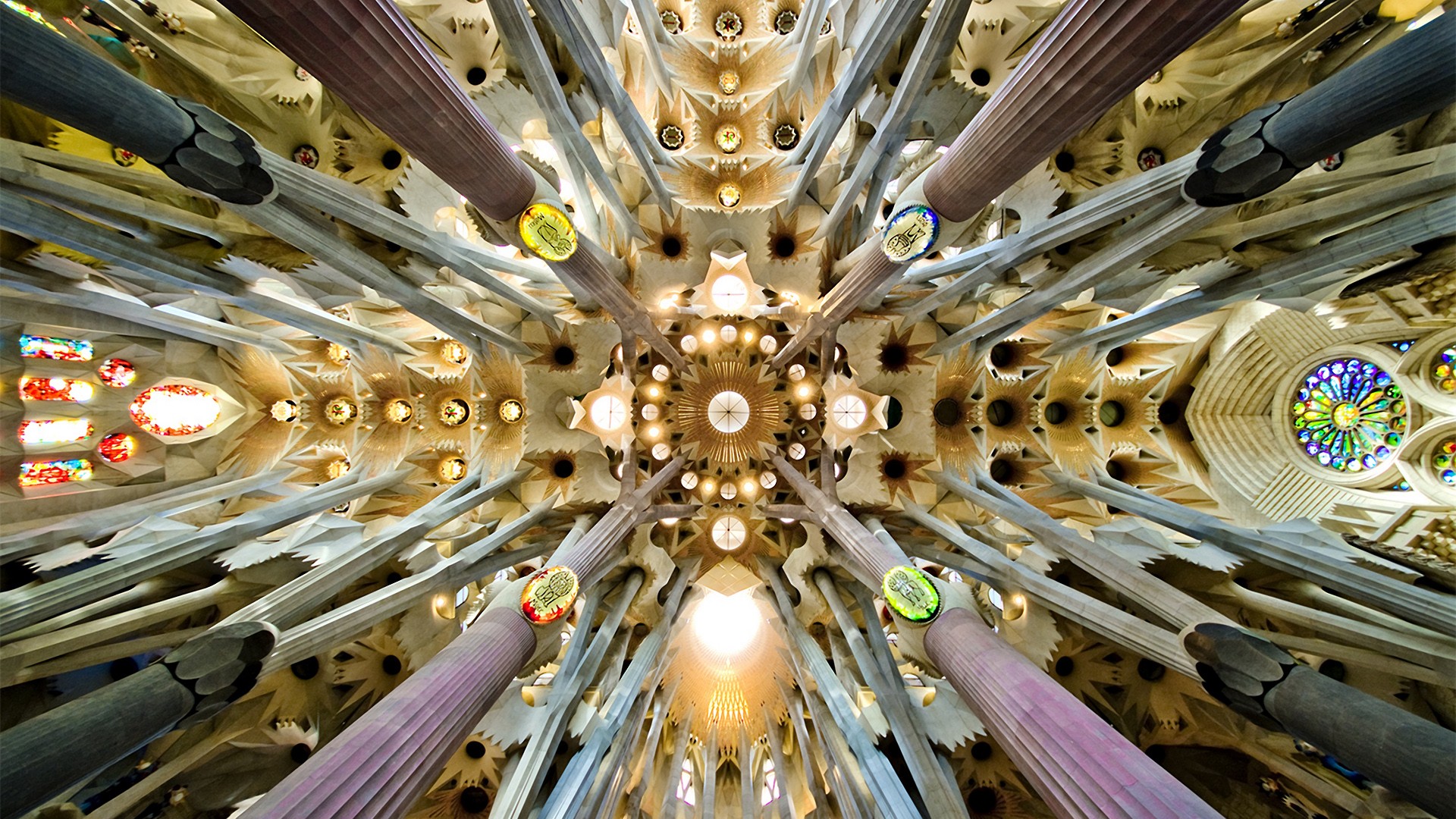 Architecture Cathedral Sagrada Familia Barcelona Spain Arch Rooftops Worms Eye View Pillar Mosaic Wi 1920x1080