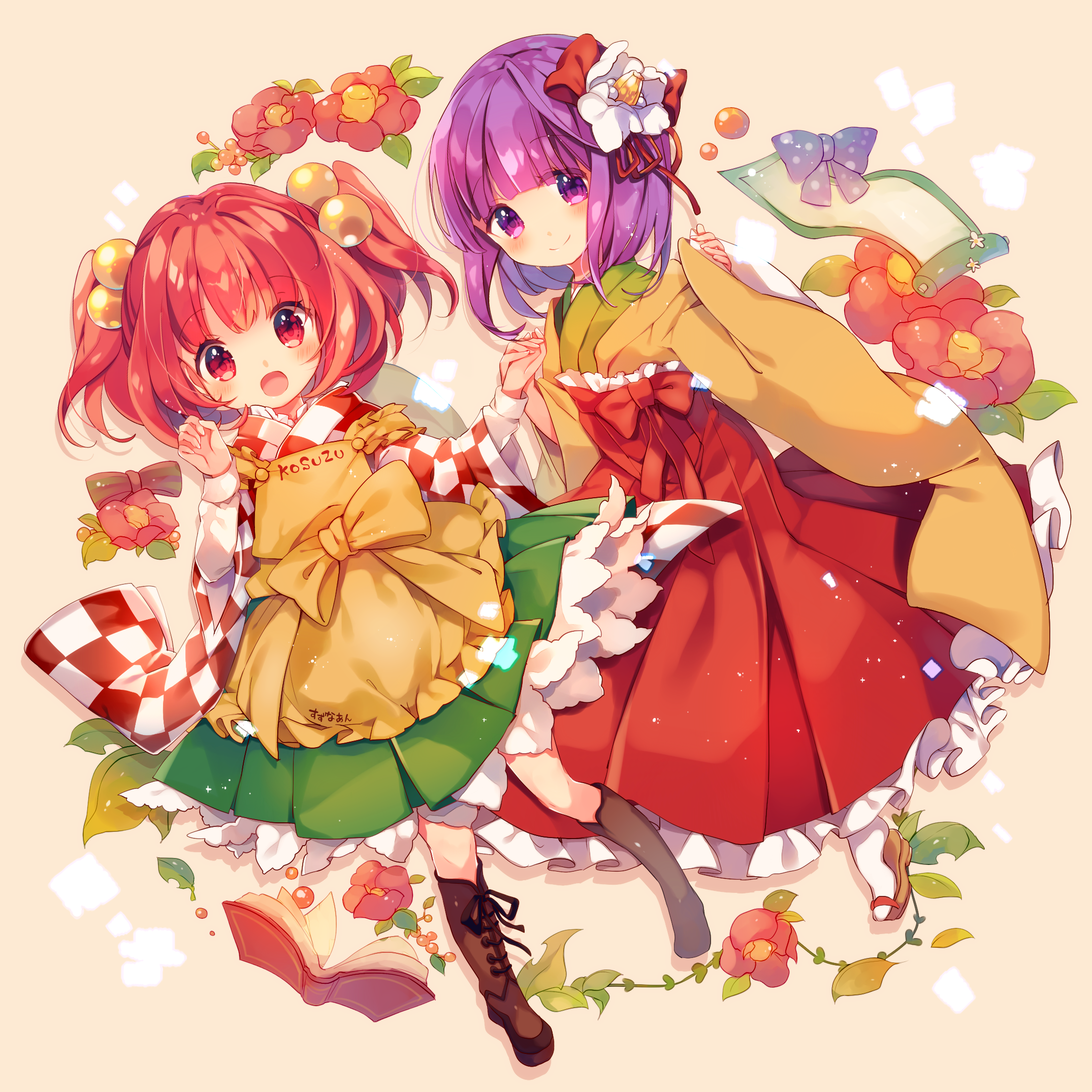 Touhou Hieda No Akyuu Kosuzu Motoori Redhead Purple Hair Red Eyes Purple Eyes Japanese Kimono Flower 2150x2150