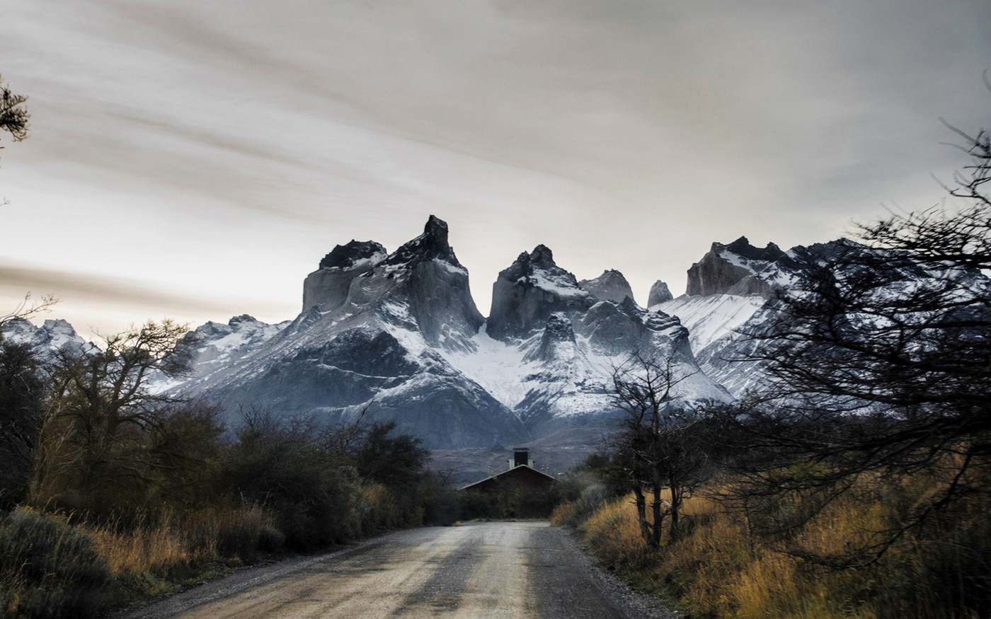 Nature Landscape Road Trees Shrubs House Mountains Torres Del Paine Chile Snowy Peak Dirt Road Cabin 1400x875