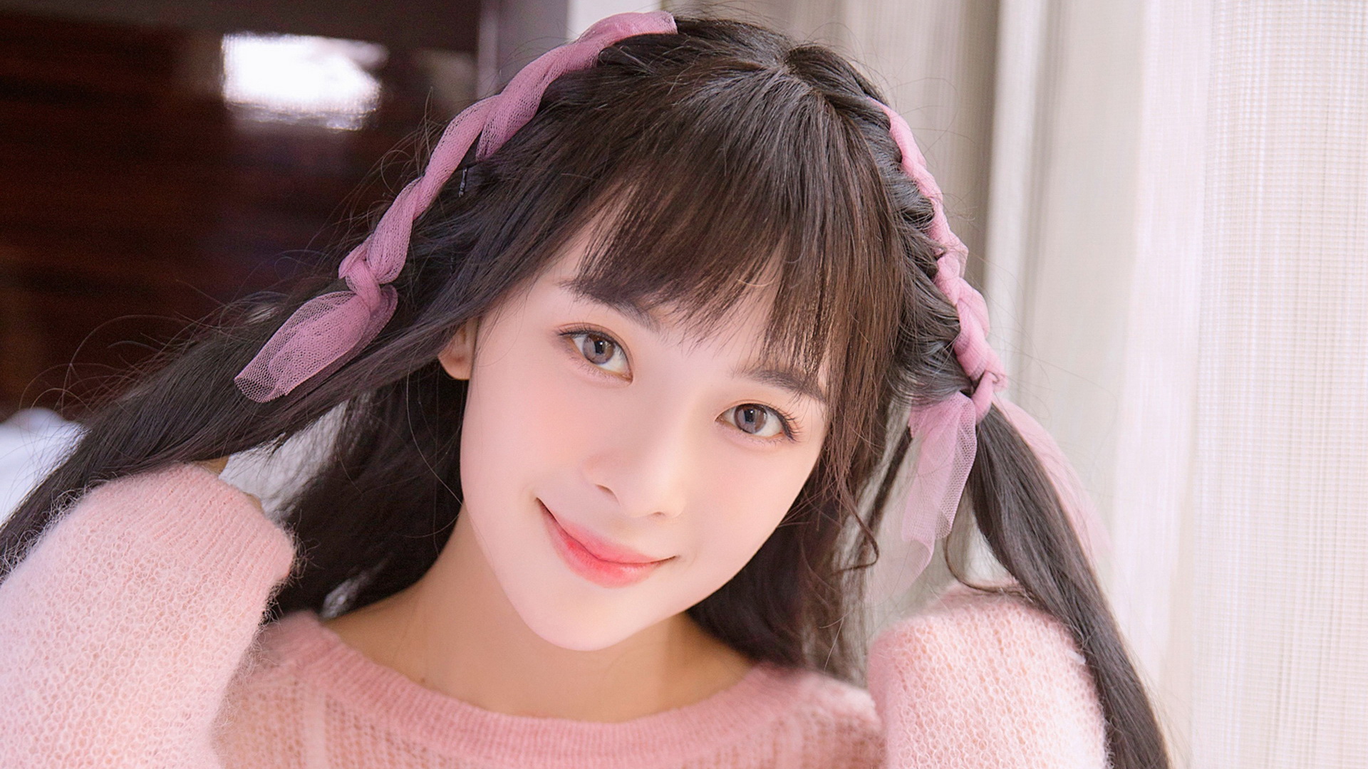Women Asian Photography Model Brunette Long Hair Hairband Hands In Hair Smiling Pink Sweater Looking 1920x1080