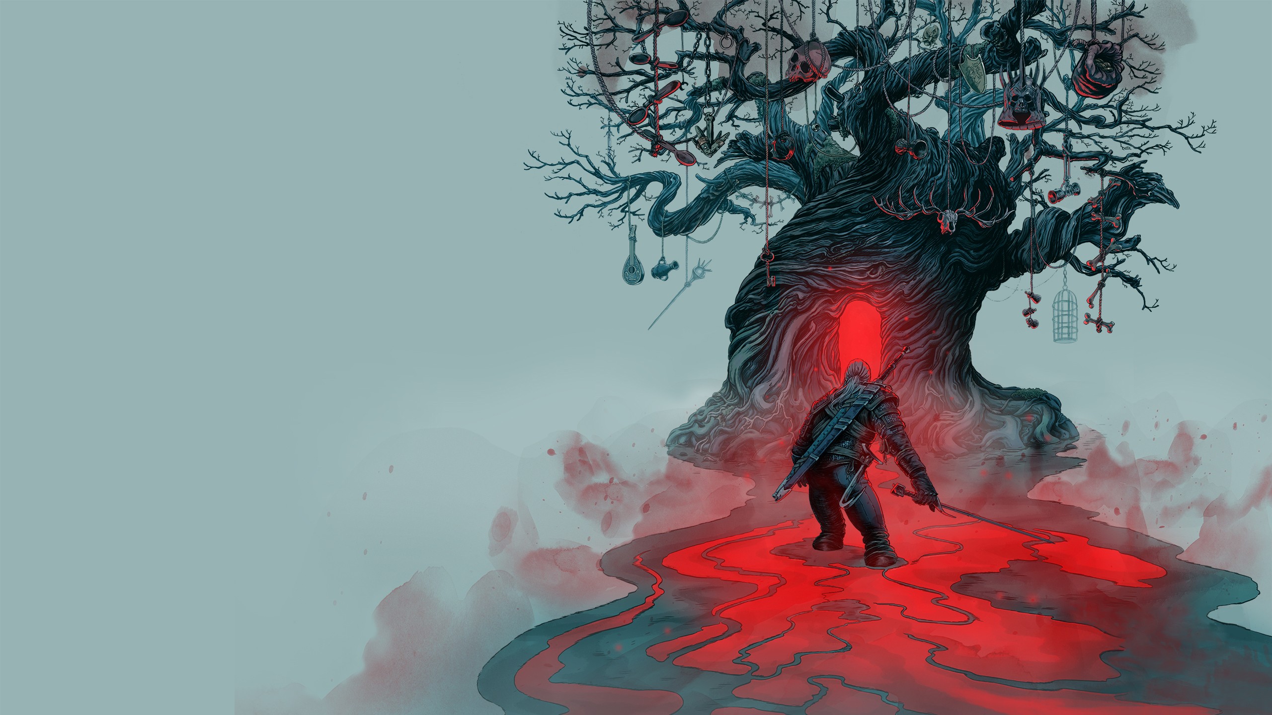 Digital Art Nature Landscape Video Games The Witcher 3 Wild Hunt Trees Skull Ropes Sword Warrior Ger 2560x1440