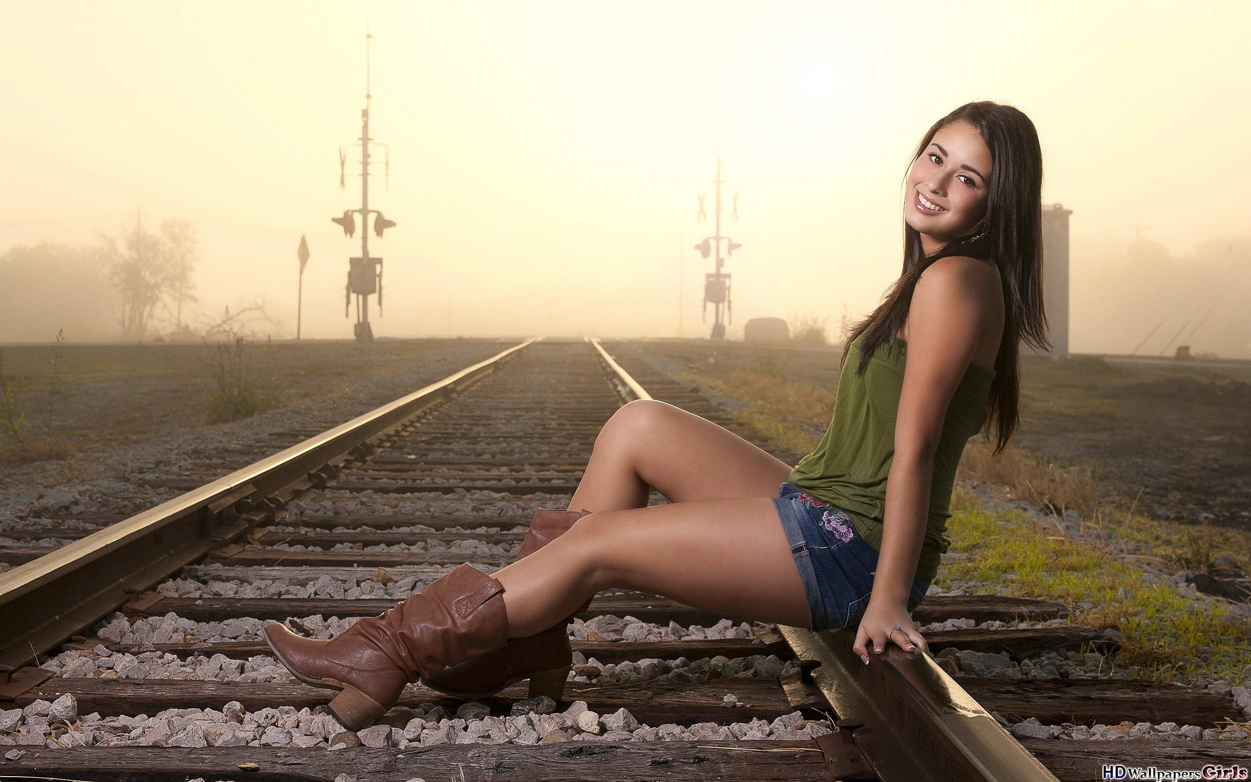 Women Model Sitting Boots Rail Yard Smiling Shorts Railway 2560x1600