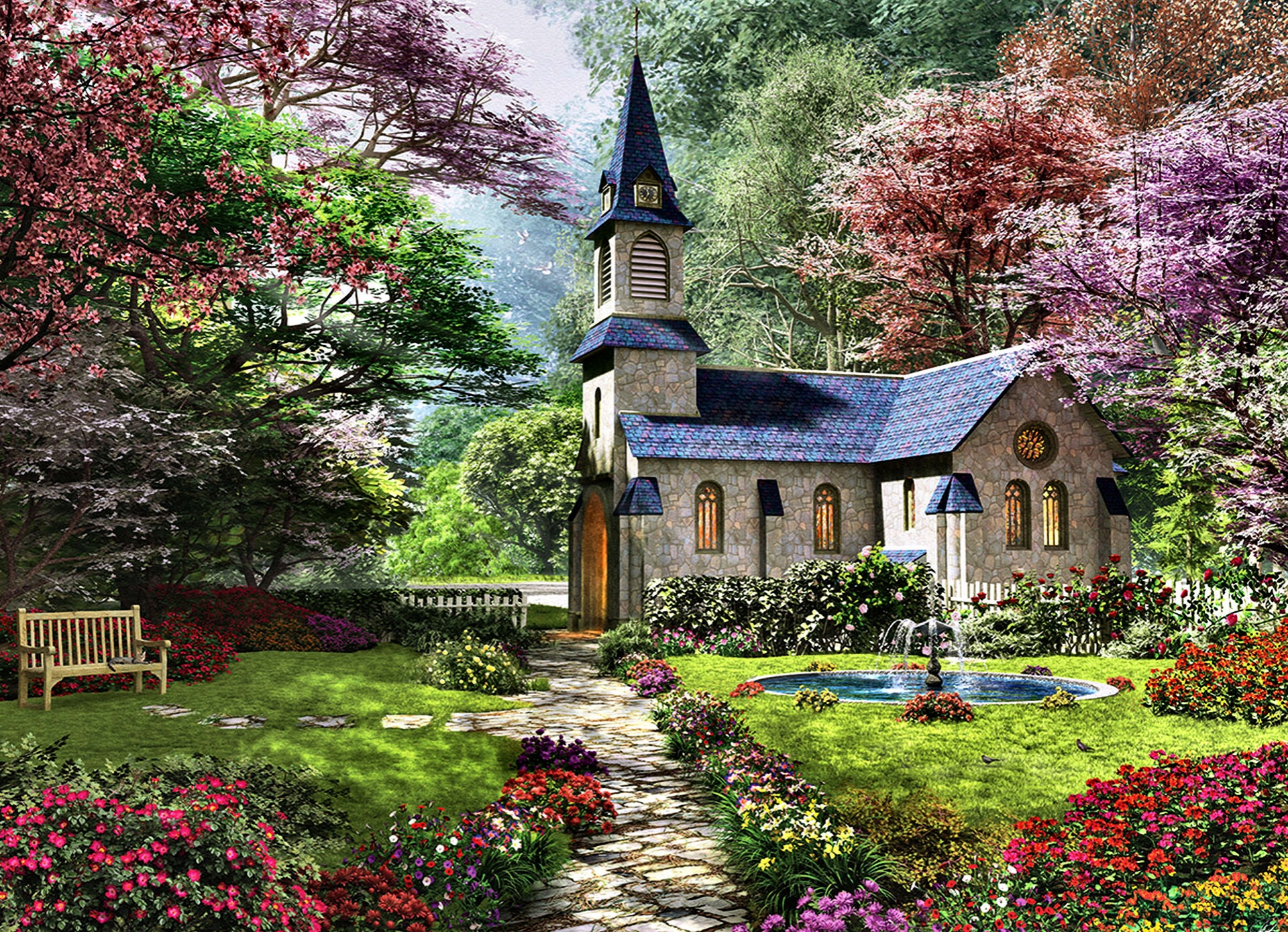 Artistic Church Chapel Spring Tree Blossom Garden Path Fountain 1920x1389
